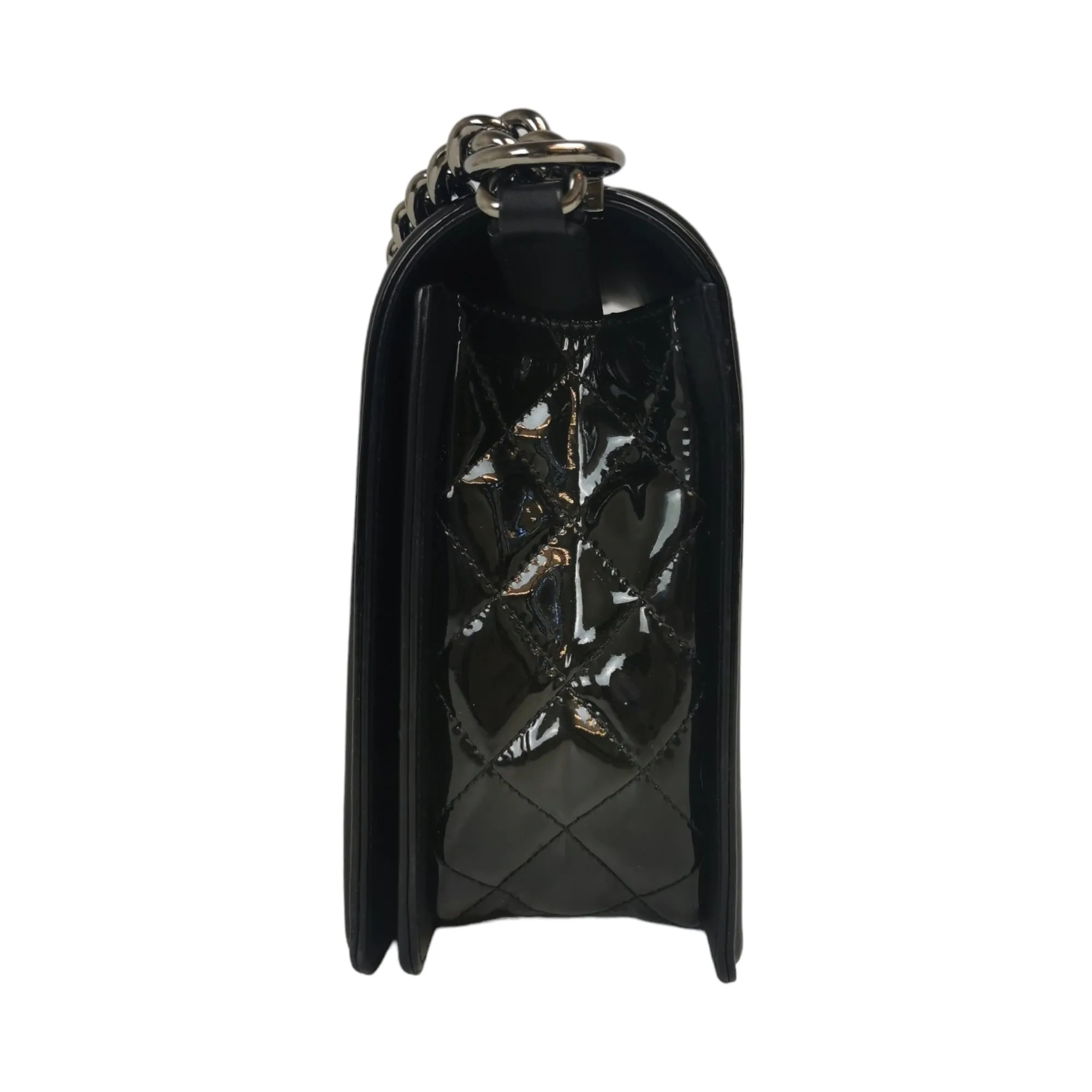 Chanel Boy Large Black Patent Leather Silver