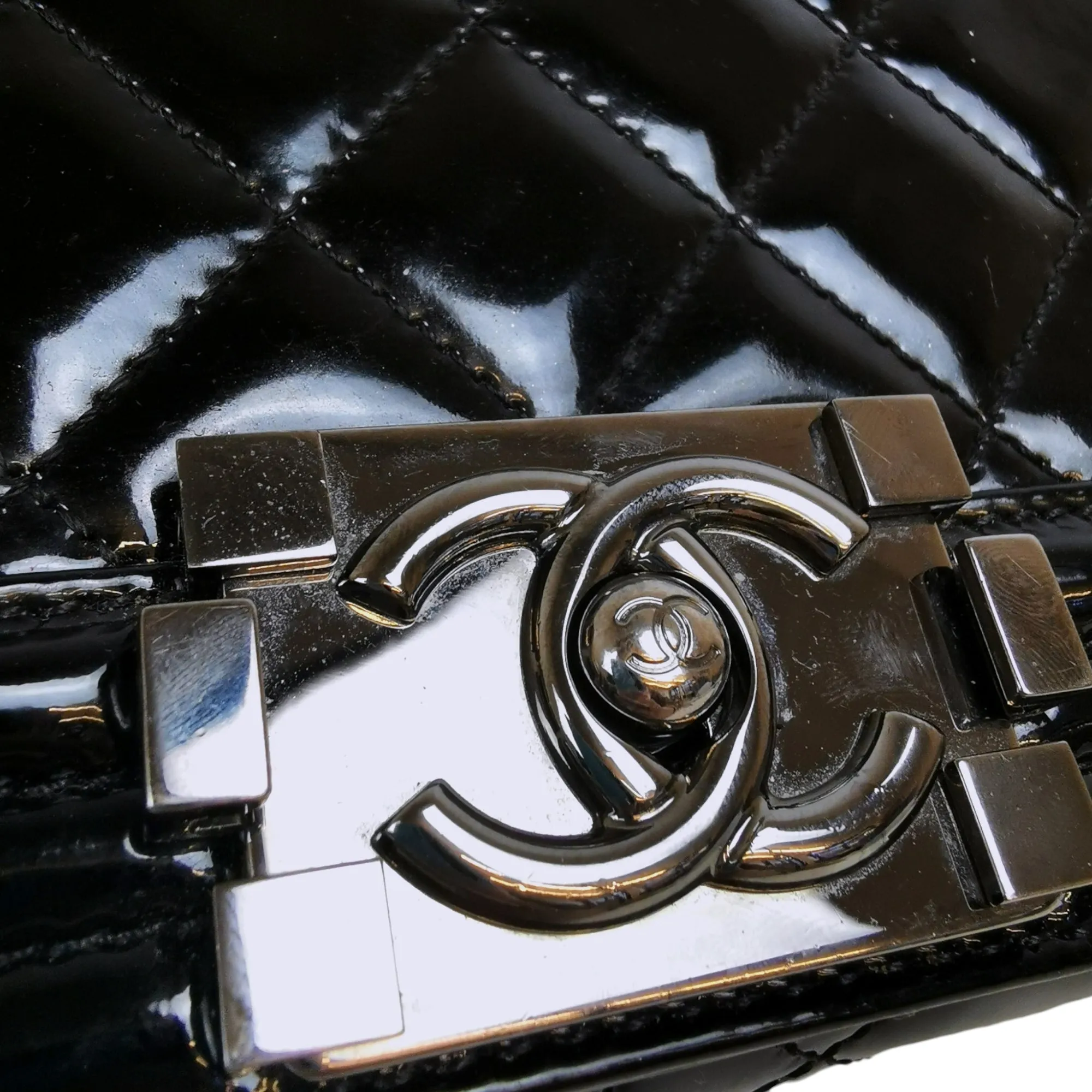 Chanel Boy Large Black Patent Leather Silver