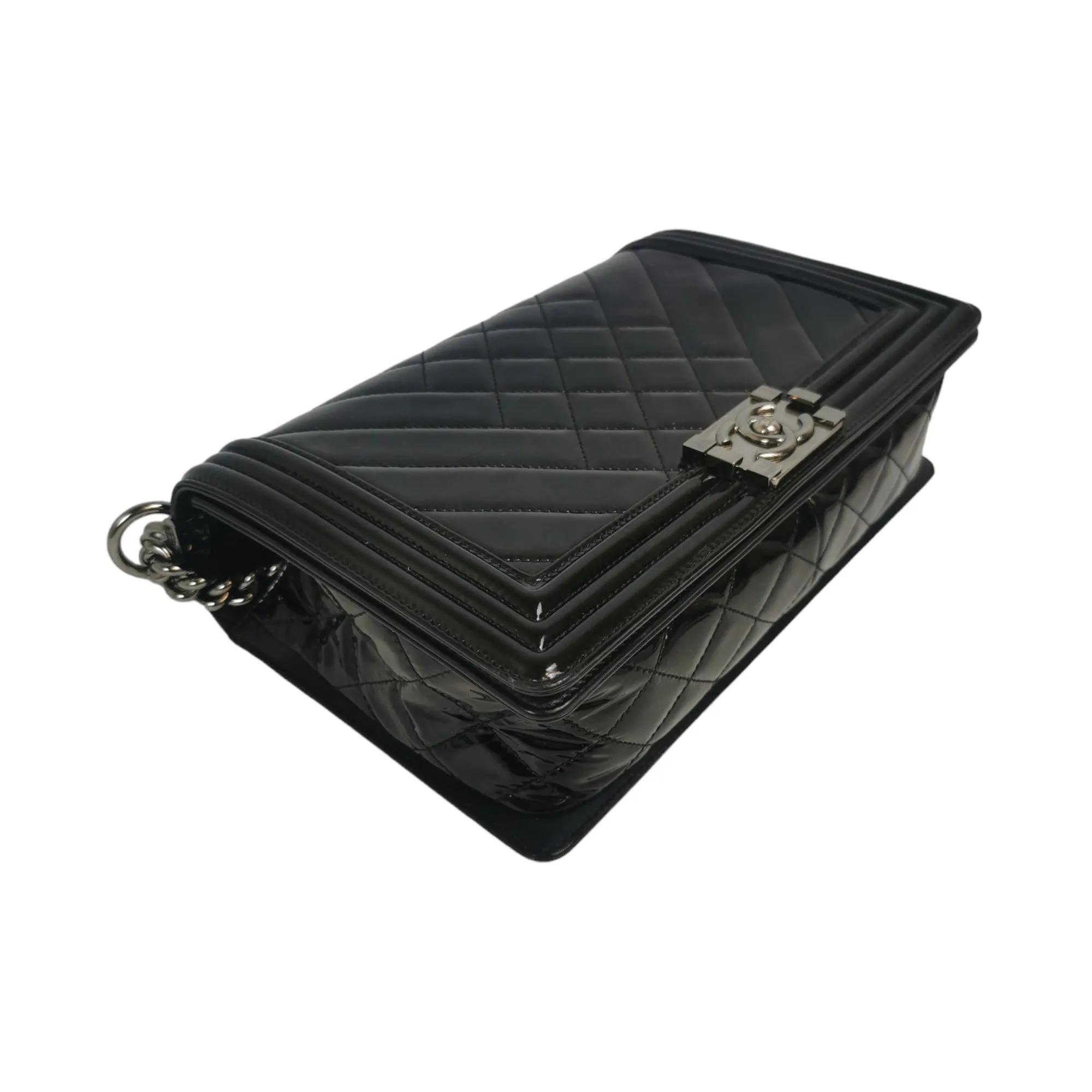 Chanel Boy Large Black Patent Leather Silver