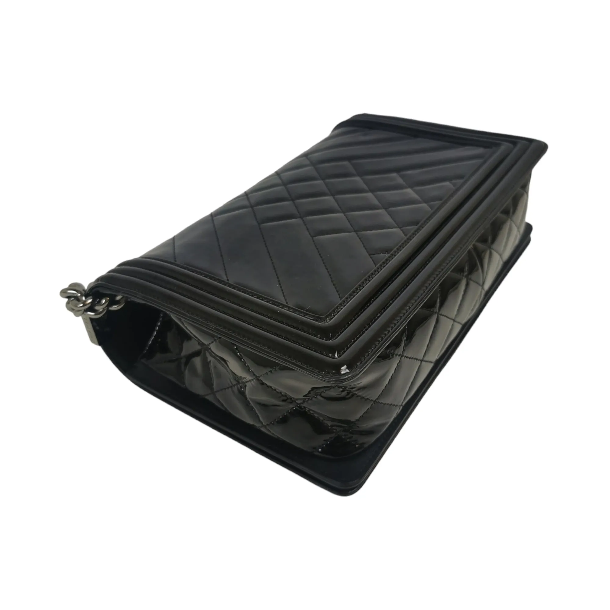 Chanel Boy Large Black Patent Leather Silver