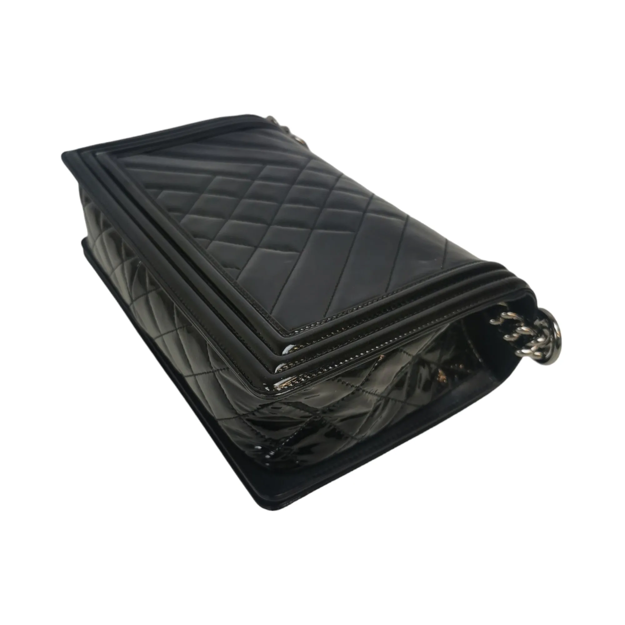 Chanel Boy Large Black Patent Leather Silver