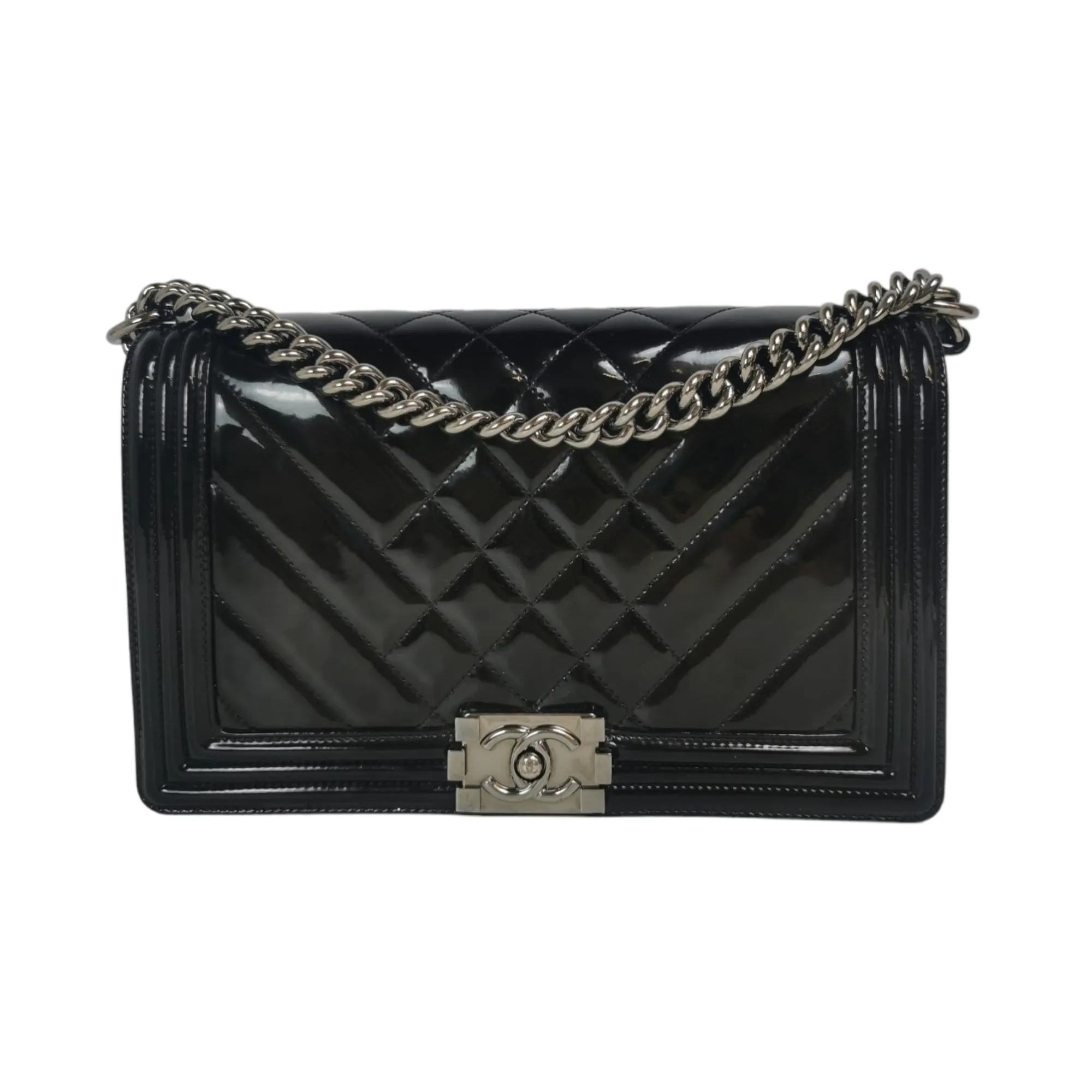 Chanel Boy Large Black Patent Leather Silver