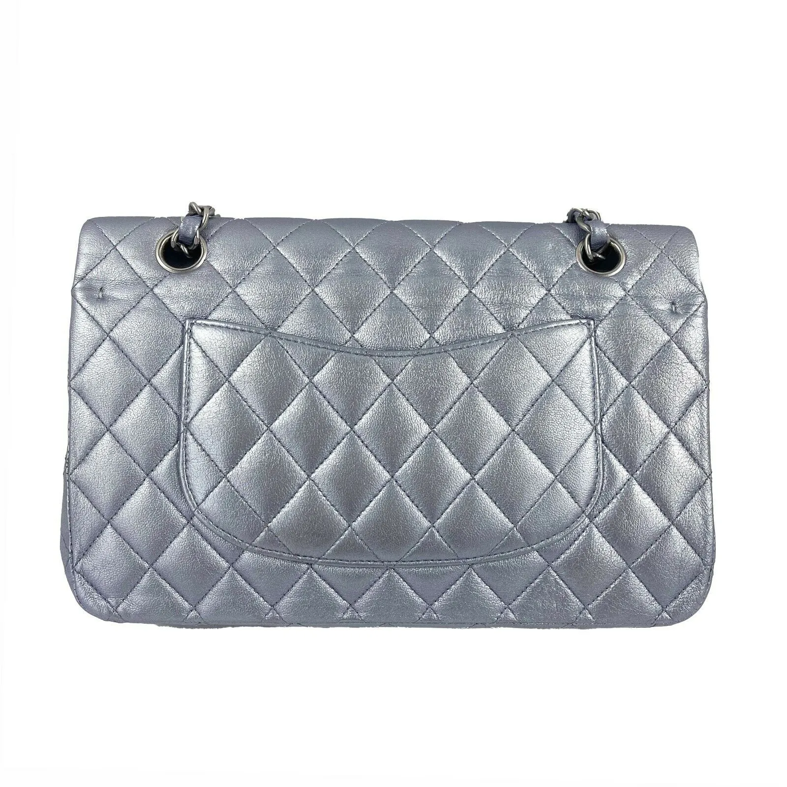 CHANEL - Classic Double Flap Metallic Silver CC Medium Leather Shoulder Bag