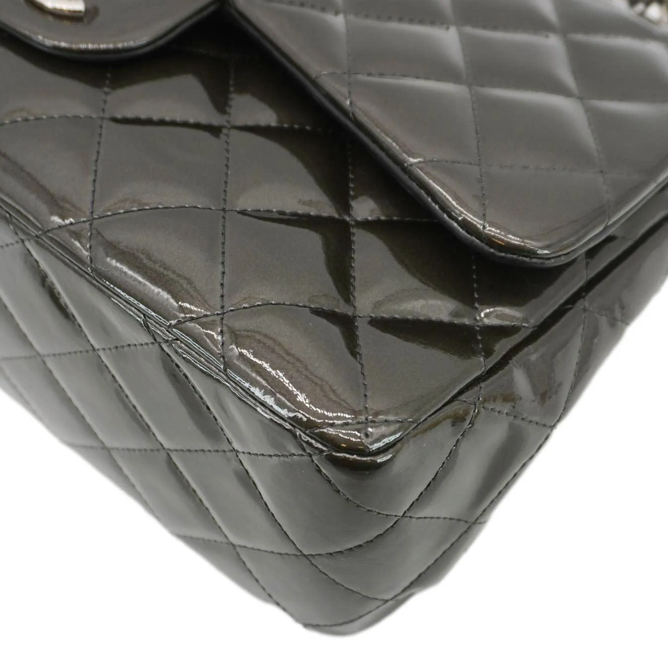 CHANEL Classic Double Flap Quilted Patent Leather Shoulder Bag Dark Green