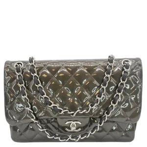 CHANEL Classic Double Flap Quilted Patent Leather Shoulder Bag Dark Green