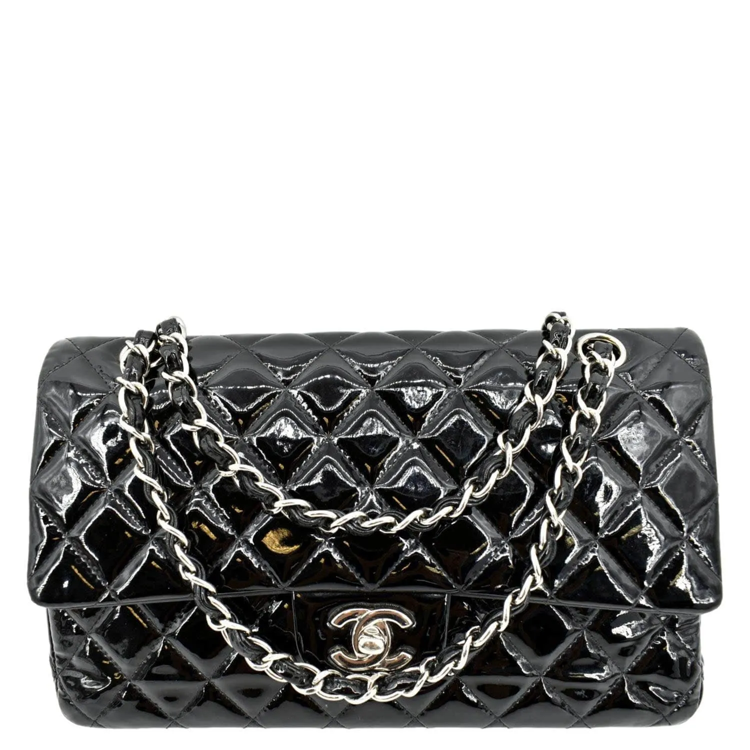 CHANEL Classic Medium Double Flap Patent Leather Shoulder Bag Black