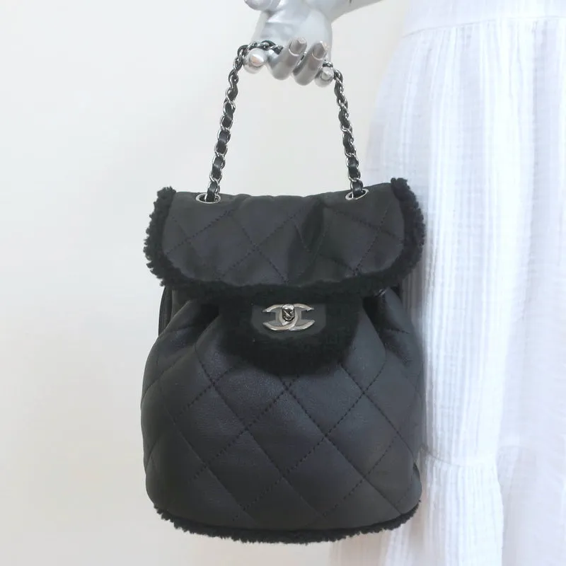 Chanel Coco Neige Shearling Backpack Black Quilted Lambskin Small Bag NEW