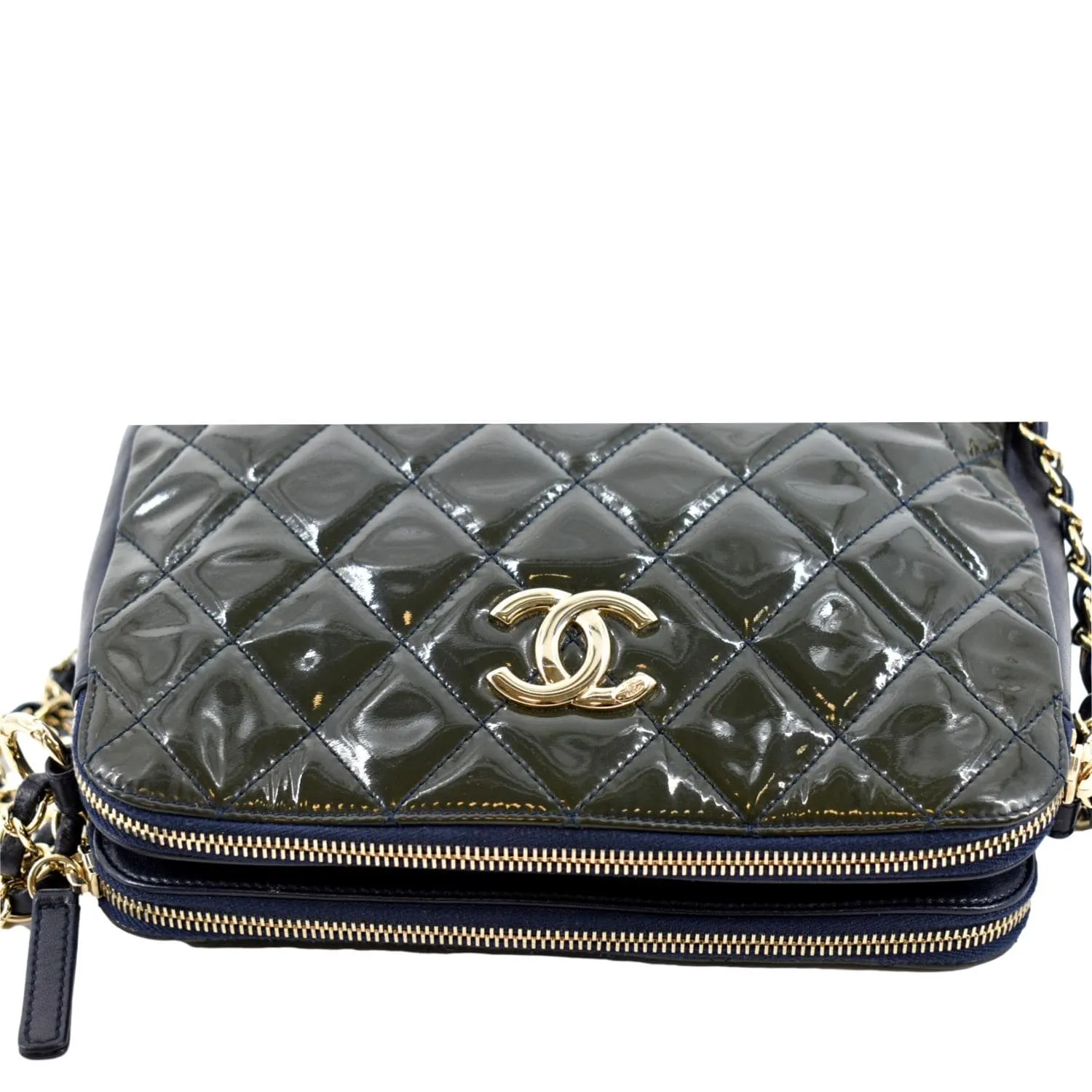 CHANEL Double Zip Patent Leather Shoulder Bag Navy Blue