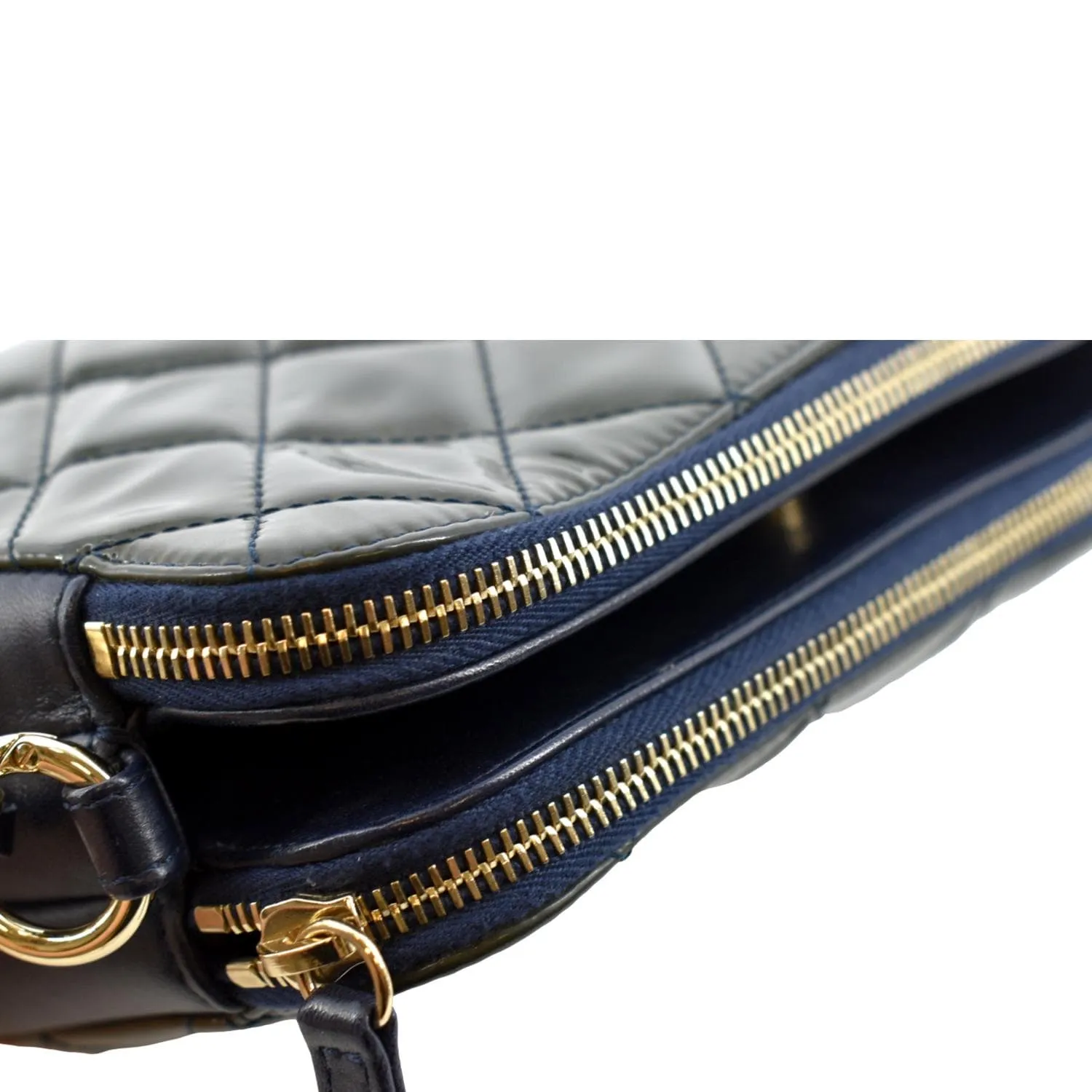 CHANEL Double Zip Patent Leather Shoulder Bag Navy Blue
