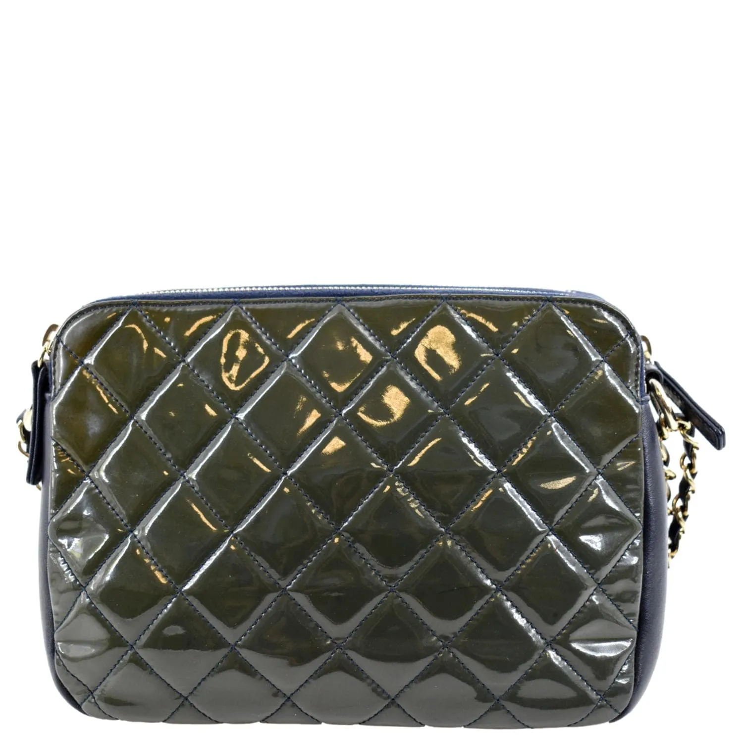 CHANEL Double Zip Patent Leather Shoulder Bag Navy Blue