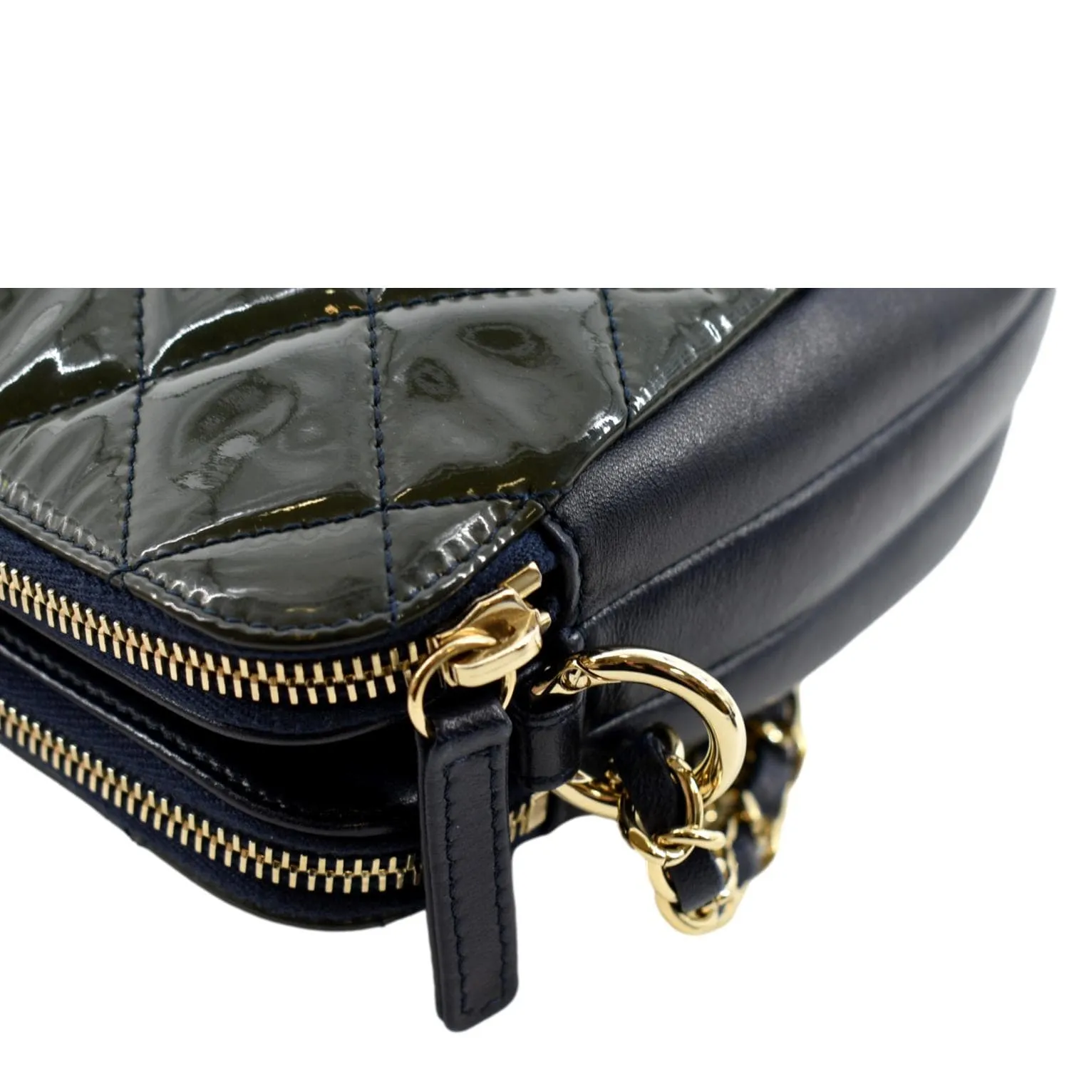 CHANEL Double Zip Patent Leather Shoulder Bag Navy Blue