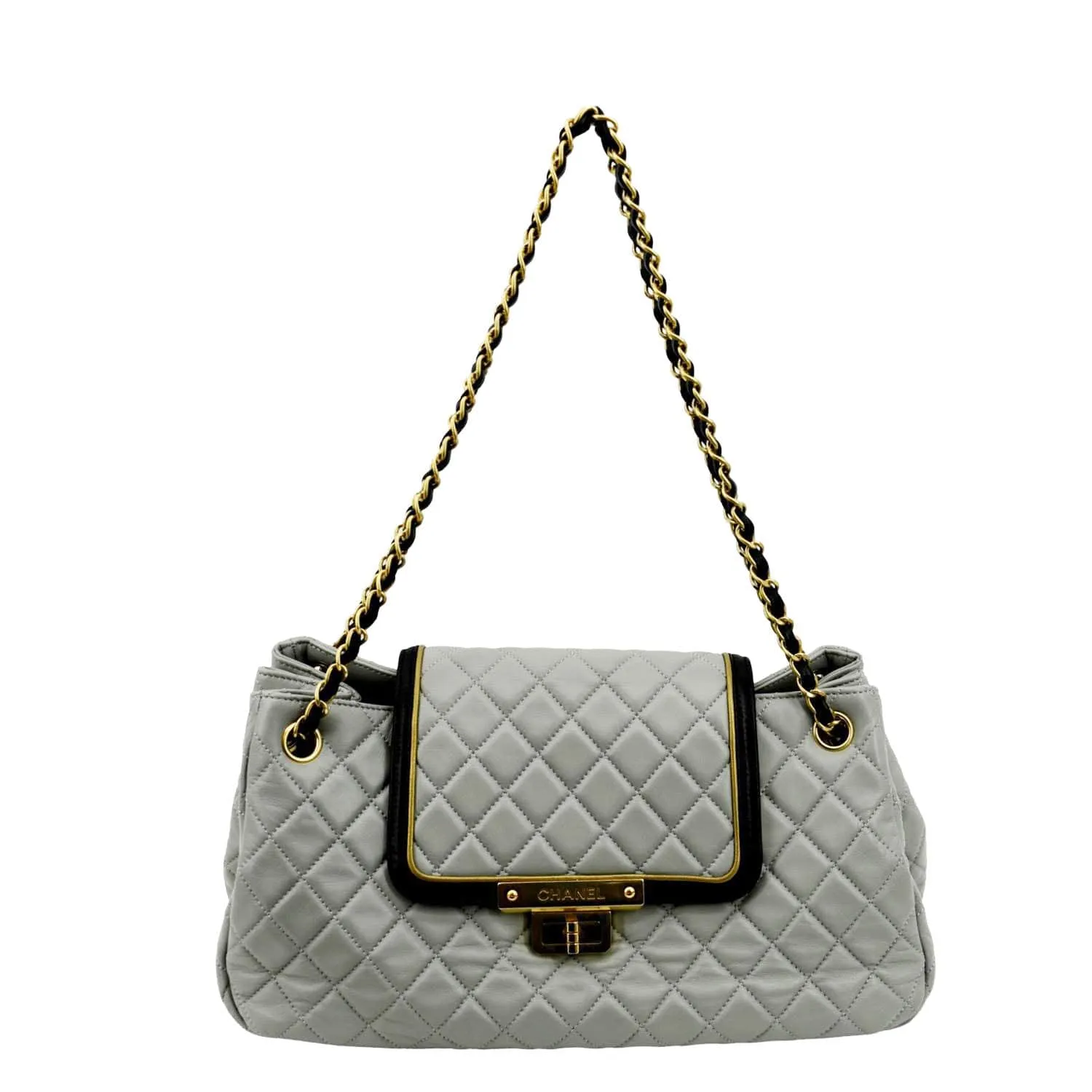 CHANEL East West Accordion Flap Quilted Calfskin Leather Shoulder Bag Grey