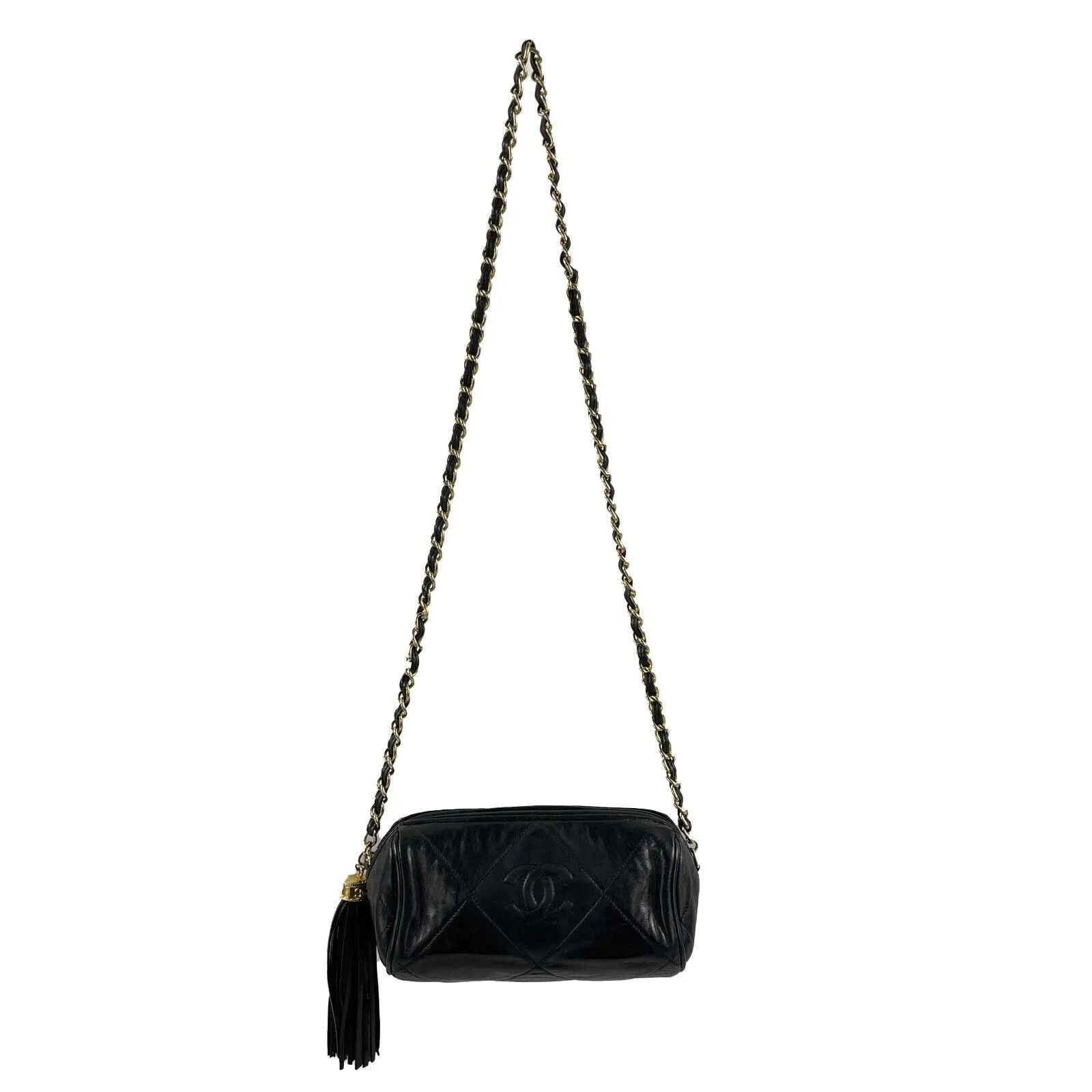 CHANEL - Excellent Vintage 1980's Black Mini Quilted CC Tassel Barrel Crossbody