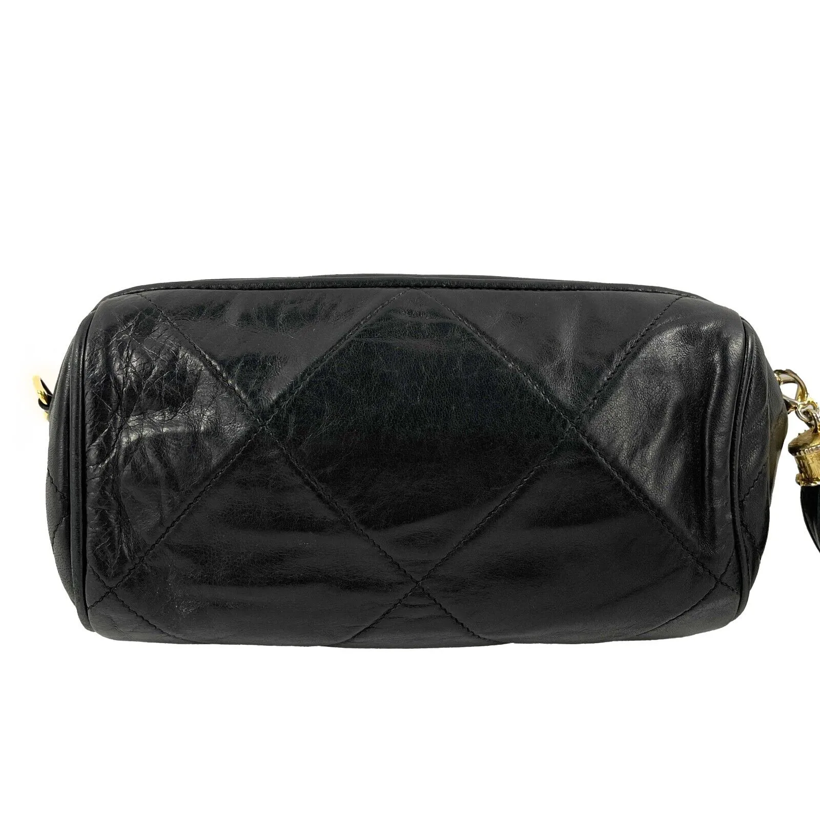 CHANEL - Excellent Vintage 1980's Black Mini Quilted CC Tassel Barrel Crossbody