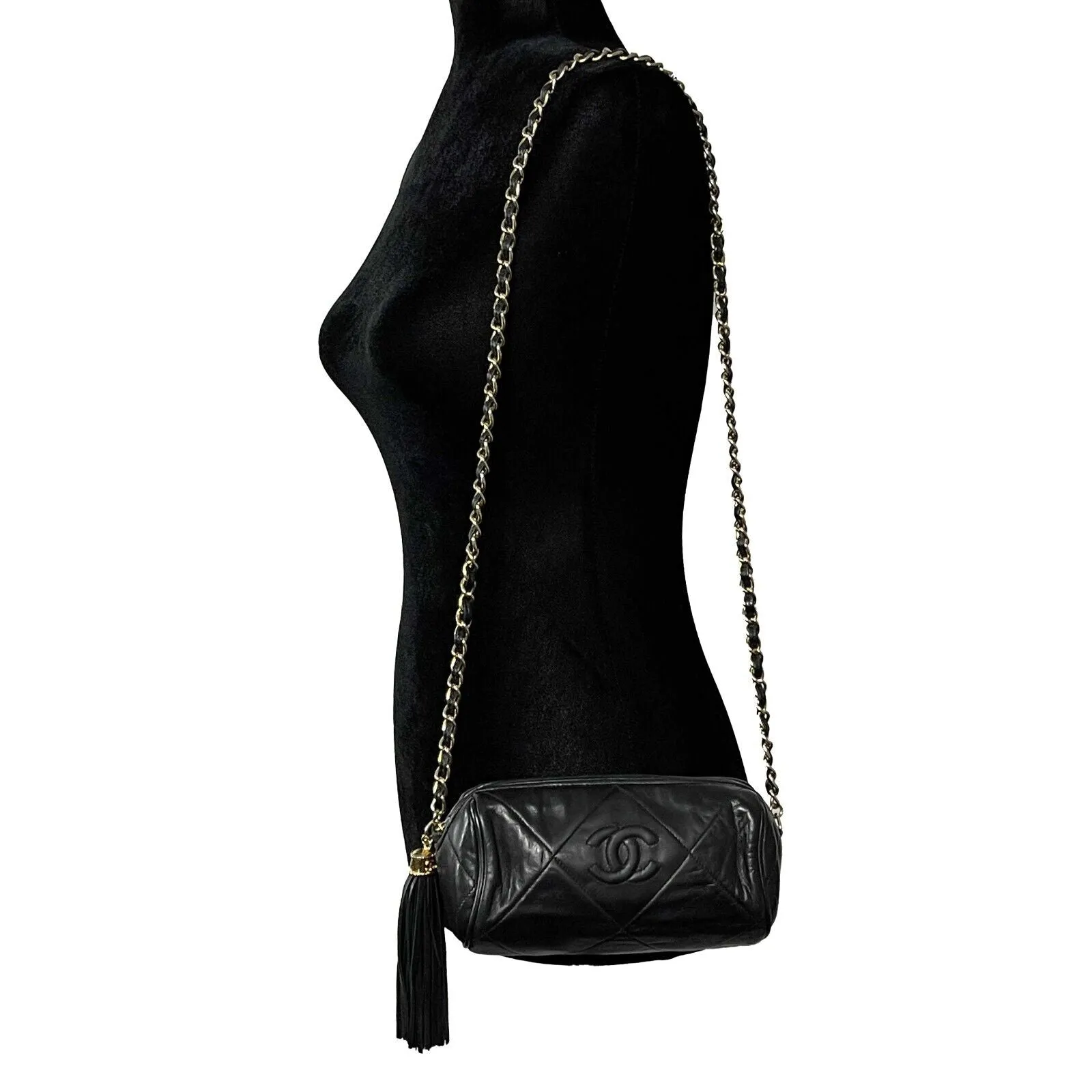 CHANEL - Excellent Vintage 1980's Black Mini Quilted CC Tassel Barrel Crossbody
