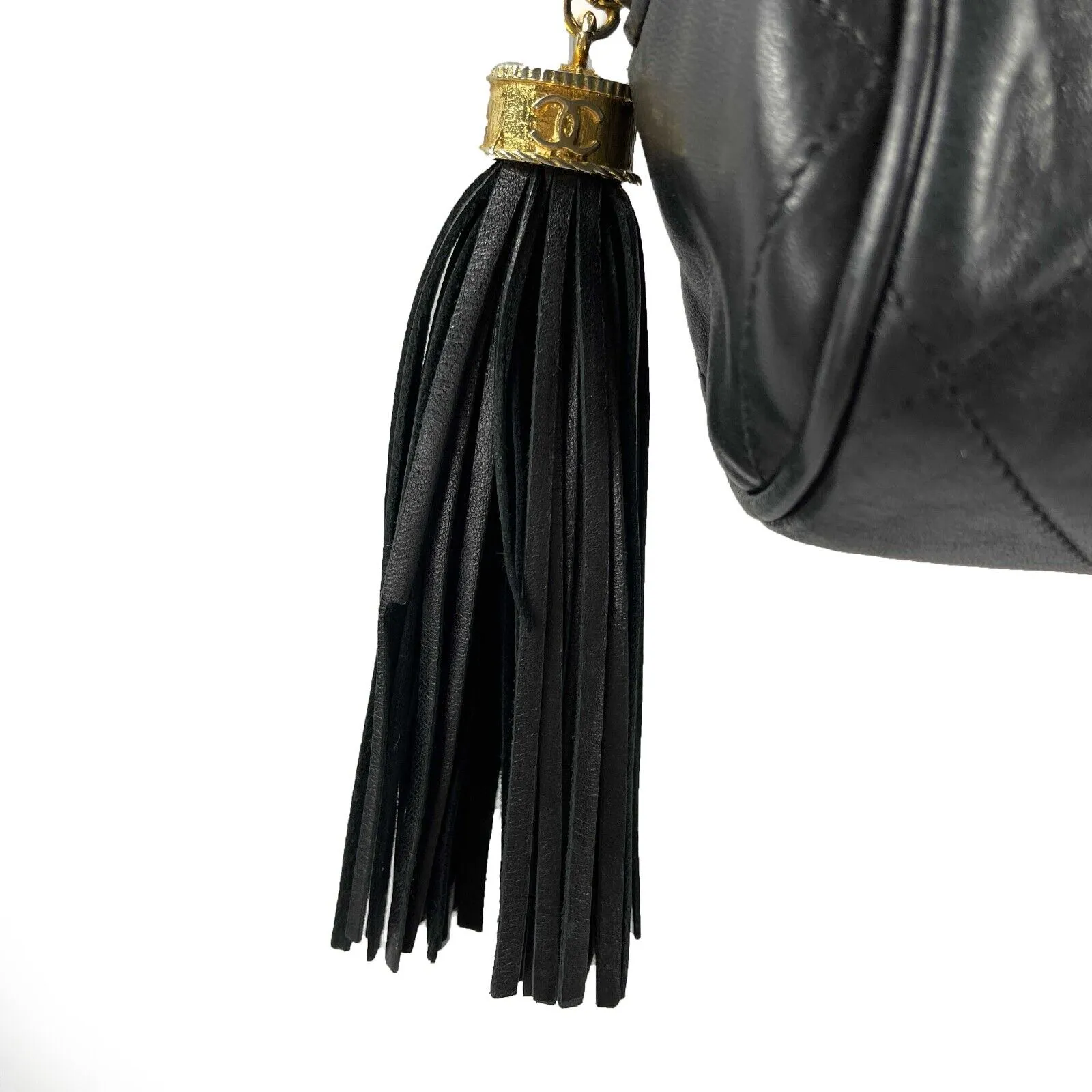 CHANEL - Excellent Vintage 1980's Black Mini Quilted CC Tassel Barrel Crossbody