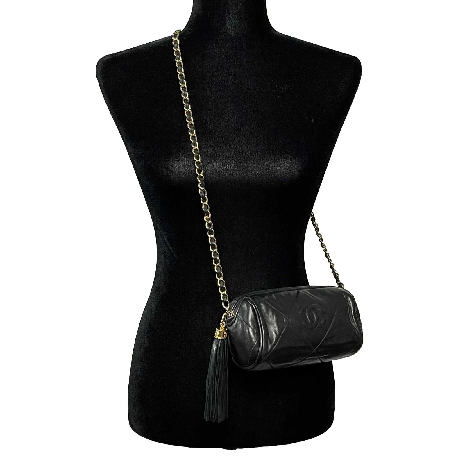 CHANEL - Excellent Vintage 1980's Black Mini Quilted CC Tassel Barrel Crossbody