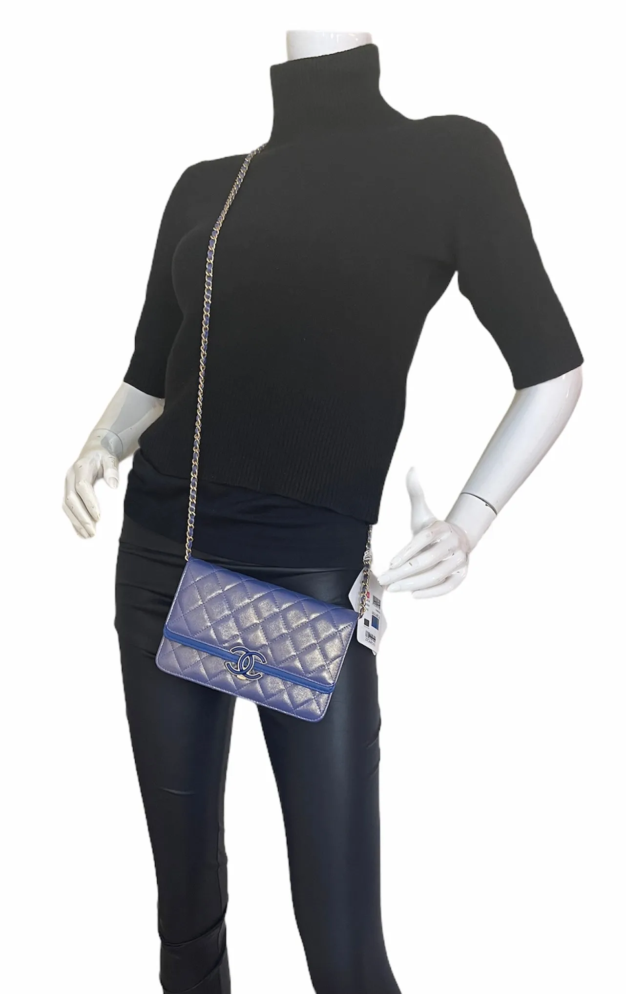 Chanel Iridescent Blue CC Quilted Wallet On Chain WOC Crossbody Bag