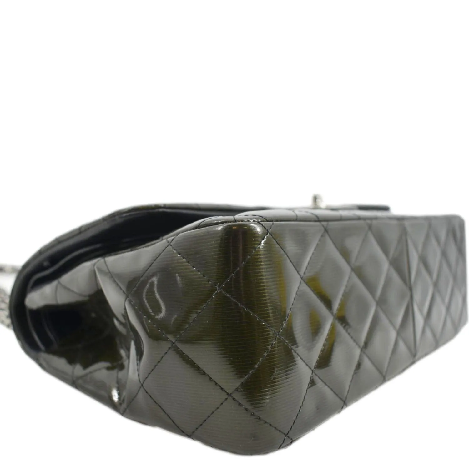 CHANEL Jumbo Flap Striated Quilted Patent Leather Shoulder Bag Green
