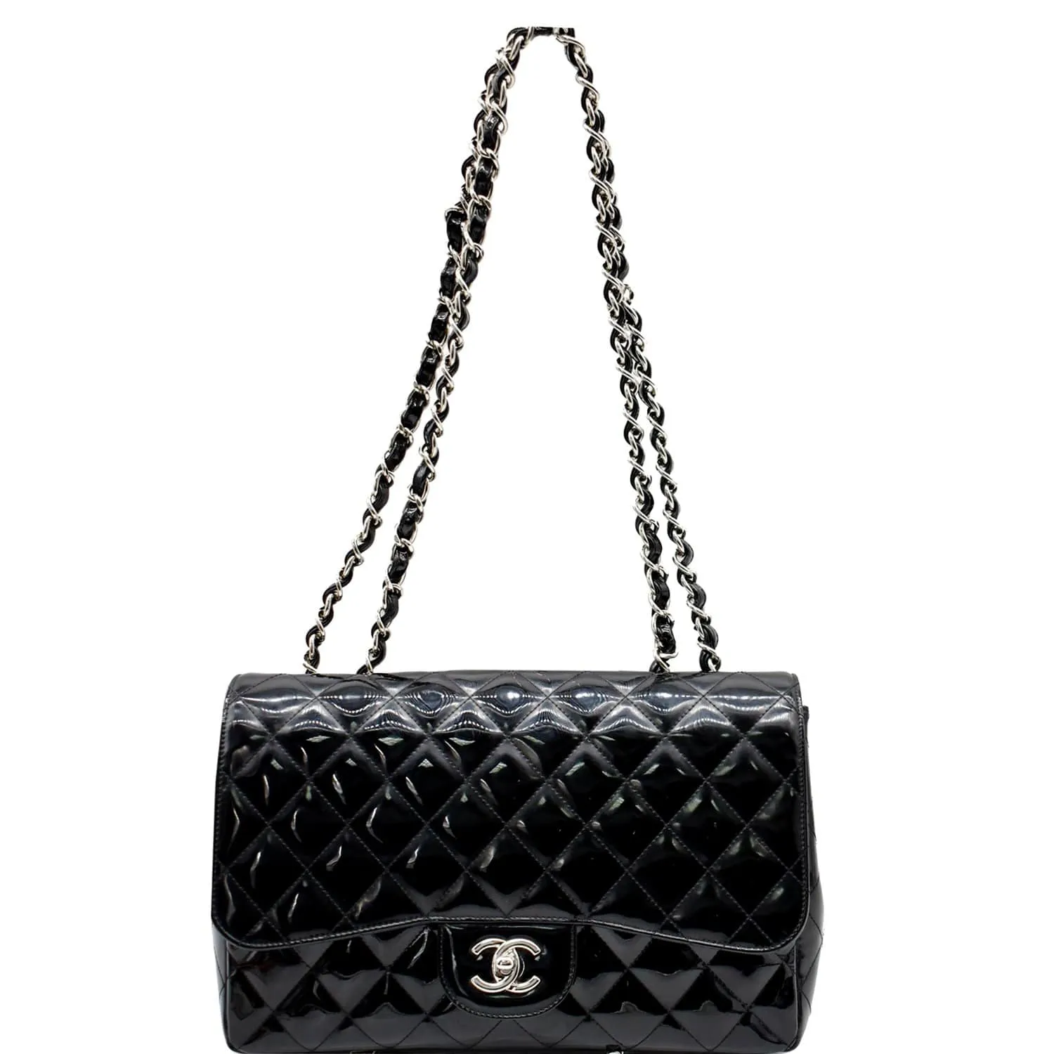 CHANEL Jumbo Single Flap Patent Leather Shoulder Bag Black