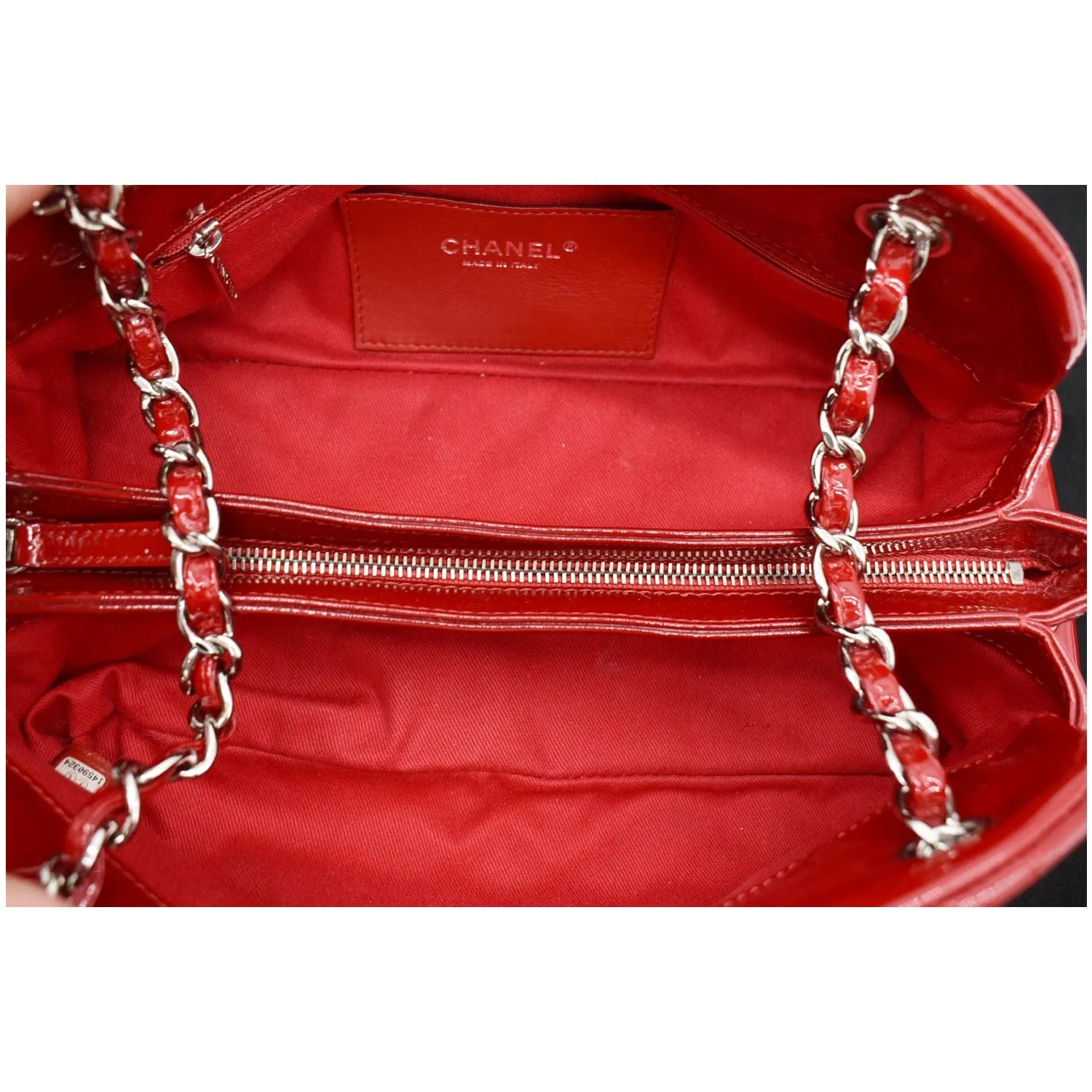 CHANEL Just Mademoiselle Patent Leather Bowling Bag Red