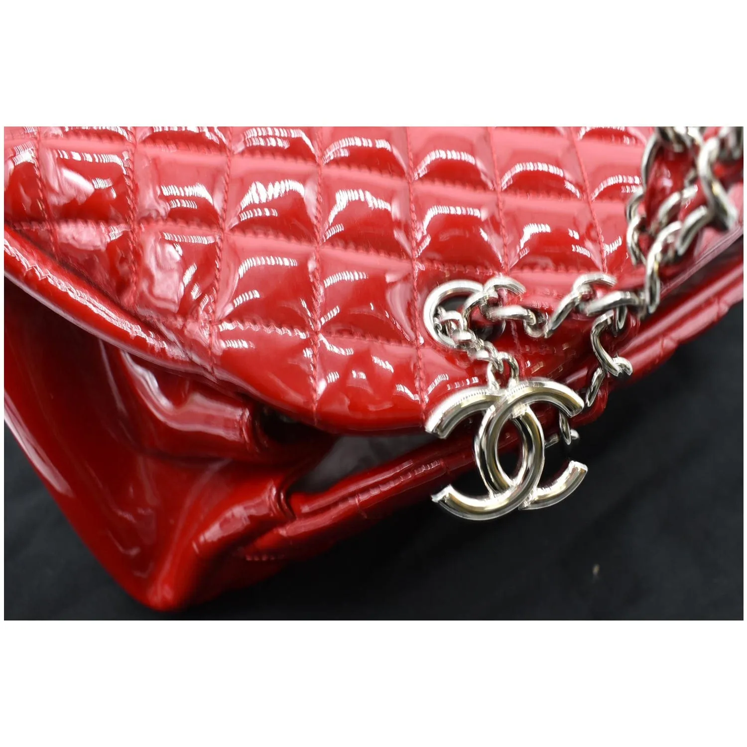 CHANEL Just Mademoiselle Patent Leather Bowling Bag Red