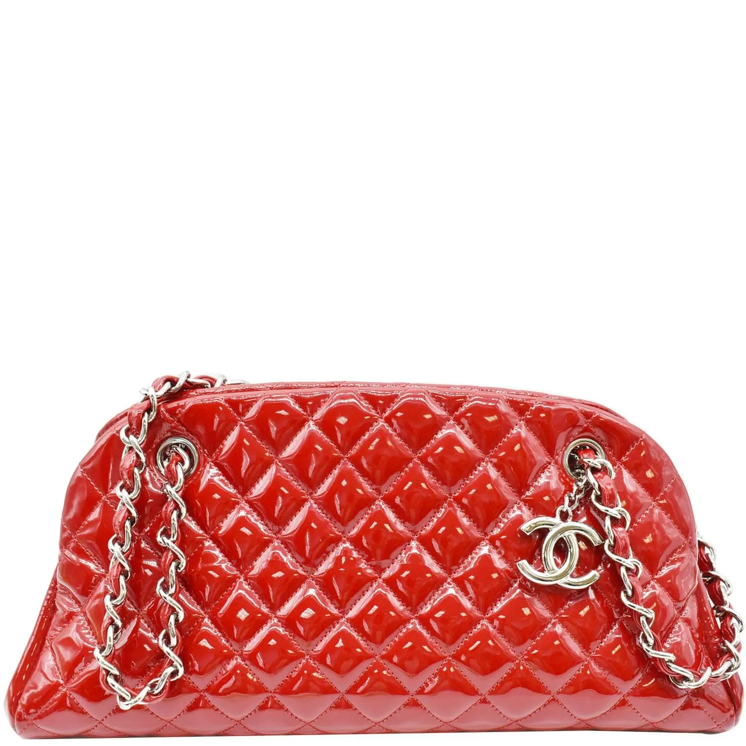 CHANEL Just Mademoiselle Patent Leather Bowling Bag Red