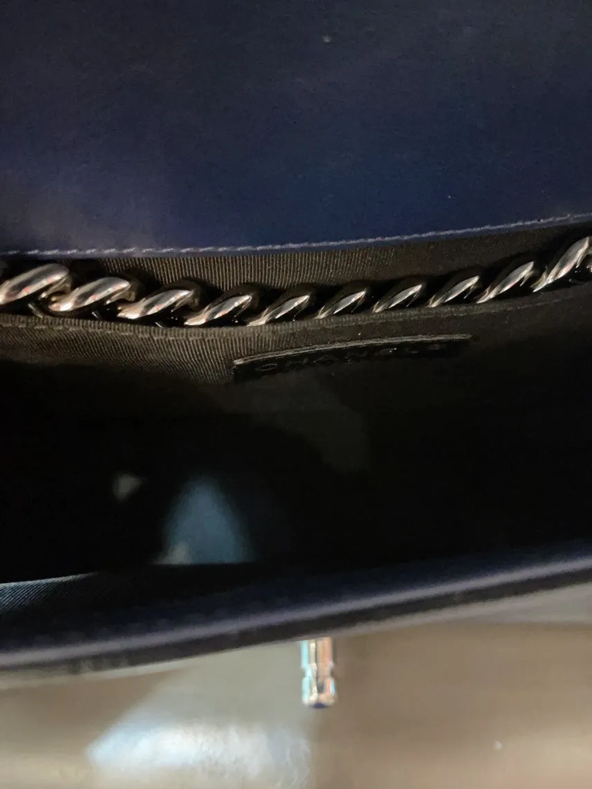 Chanel Le Boy Patent Leather MM Blue Shoulder Bag with Card