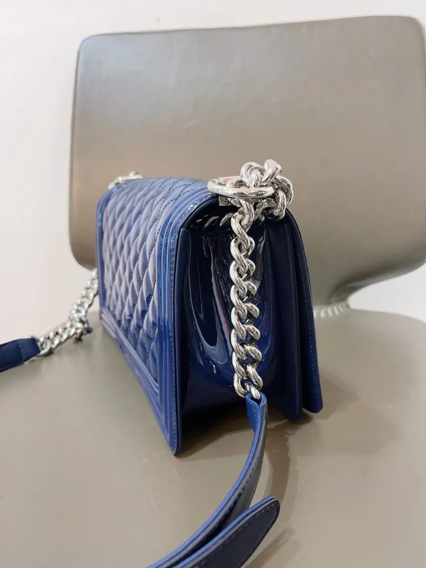 Chanel Le Boy Patent Leather MM Blue Shoulder Bag with Card