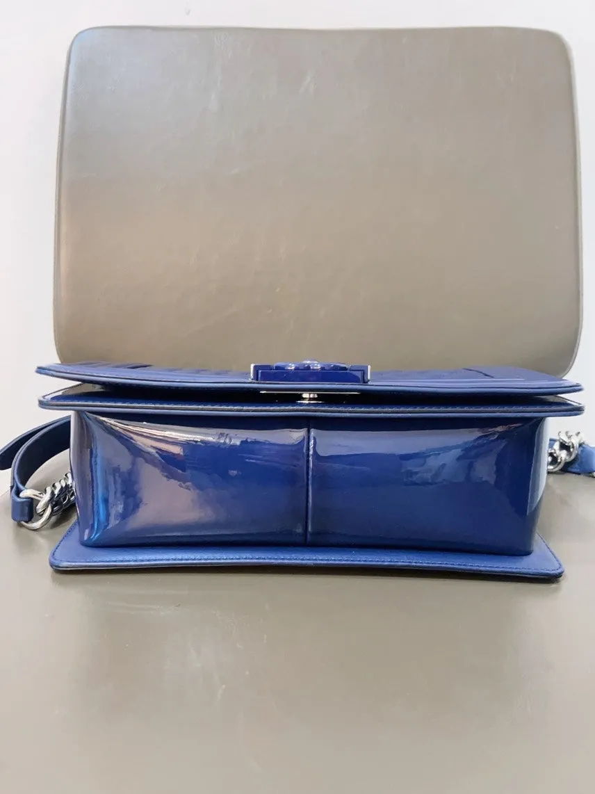 Chanel Le Boy Patent Leather MM Blue Shoulder Bag with Card