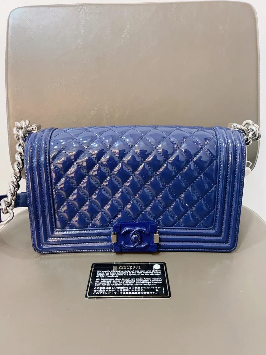 Chanel Le Boy Patent Leather MM Blue Shoulder Bag with Card