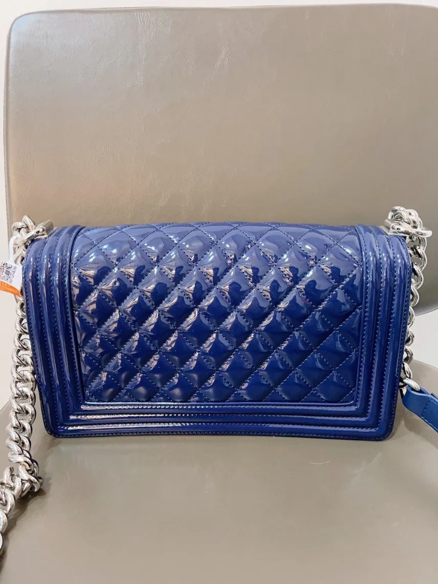Chanel Le Boy Patent Leather MM Blue Shoulder Bag with Card