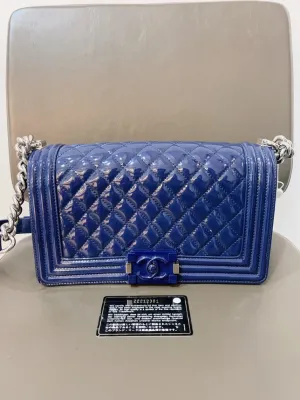 Chanel Le Boy Patent Leather MM Blue Shoulder Bag with Card