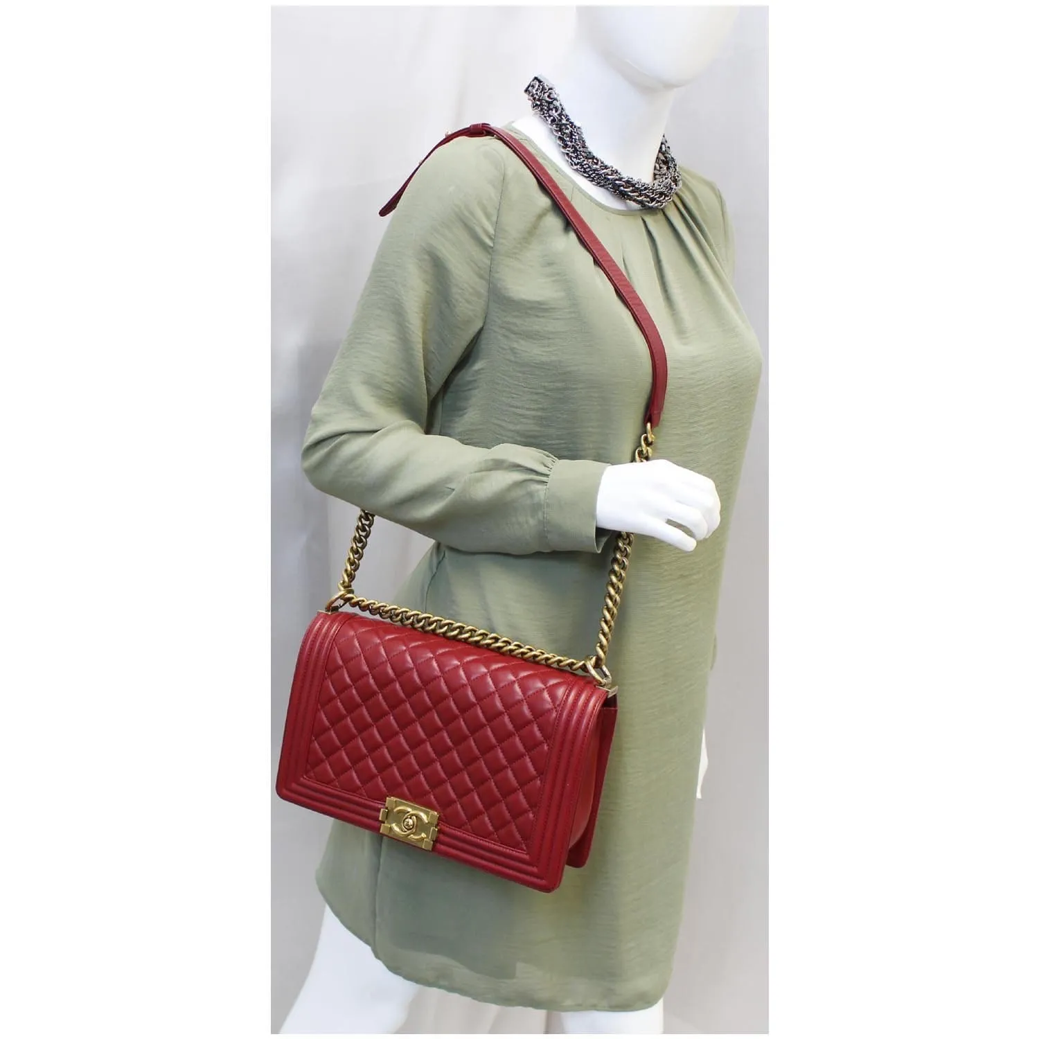 CHANEL Medium Boy Flap Lambskin Leather Shoulder Bag Red