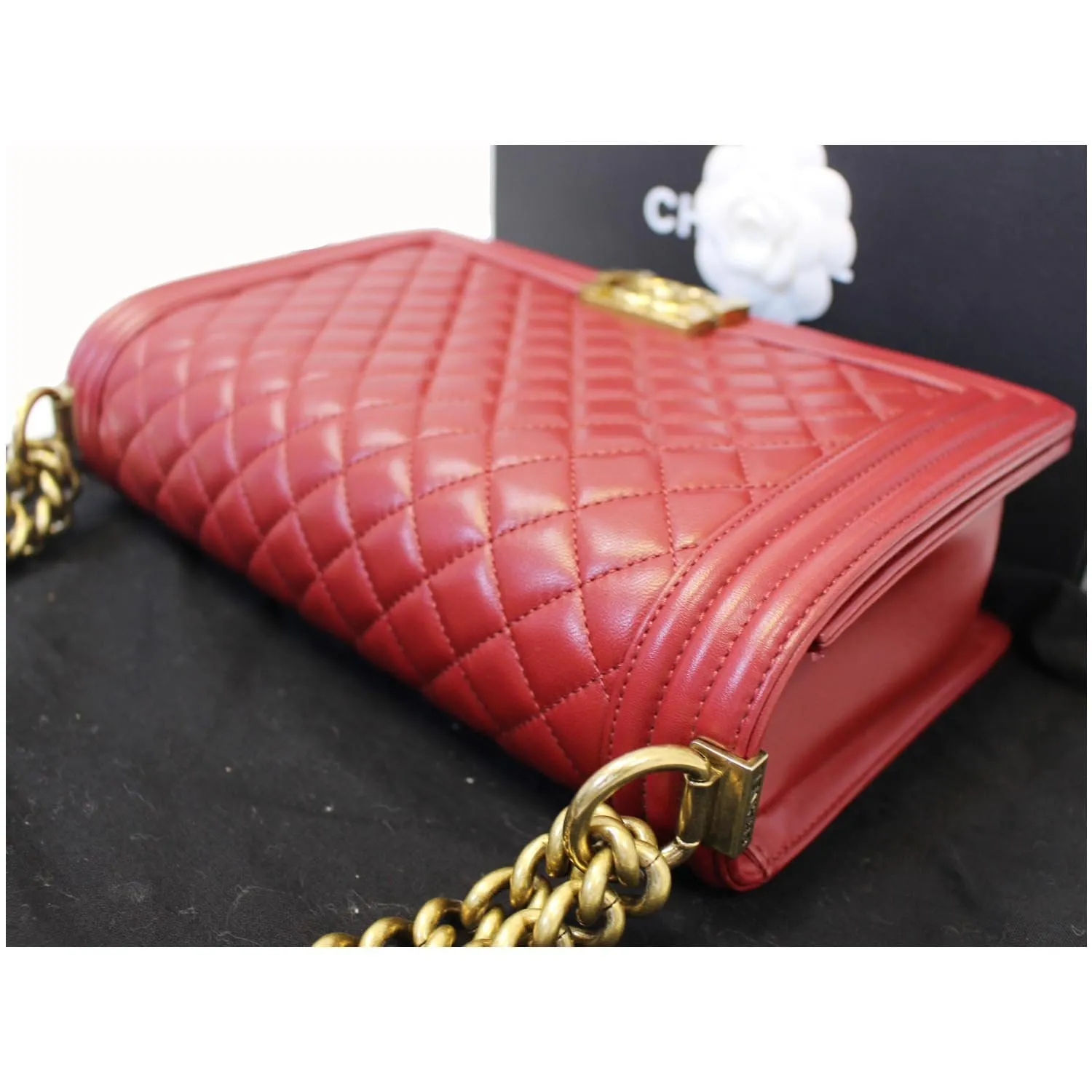 CHANEL Medium Boy Flap Lambskin Leather Shoulder Bag Red