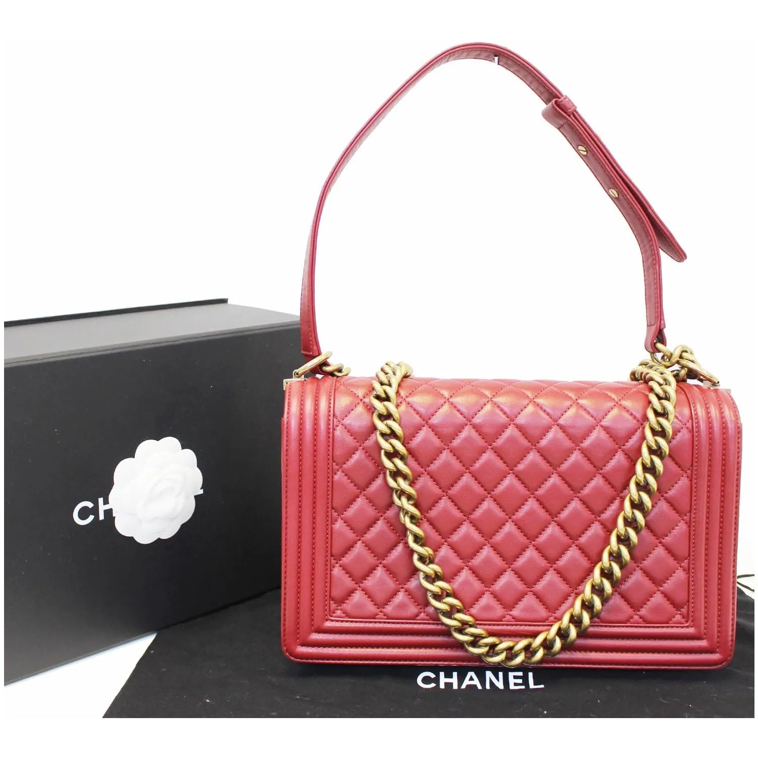 CHANEL Medium Boy Flap Lambskin Leather Shoulder Bag Red