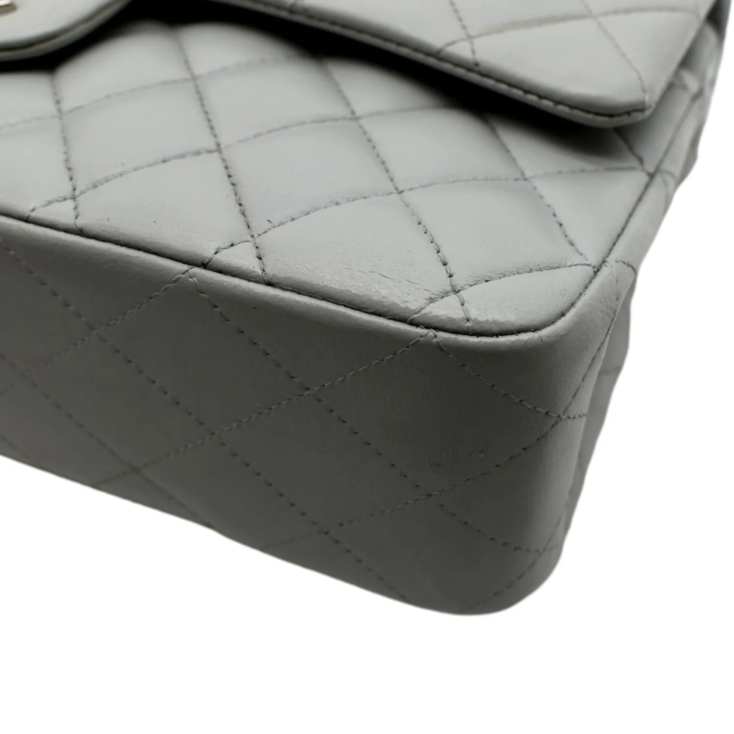 CHANEL Medium Double Flap Calfskin Leather Shoulder Bag Grey