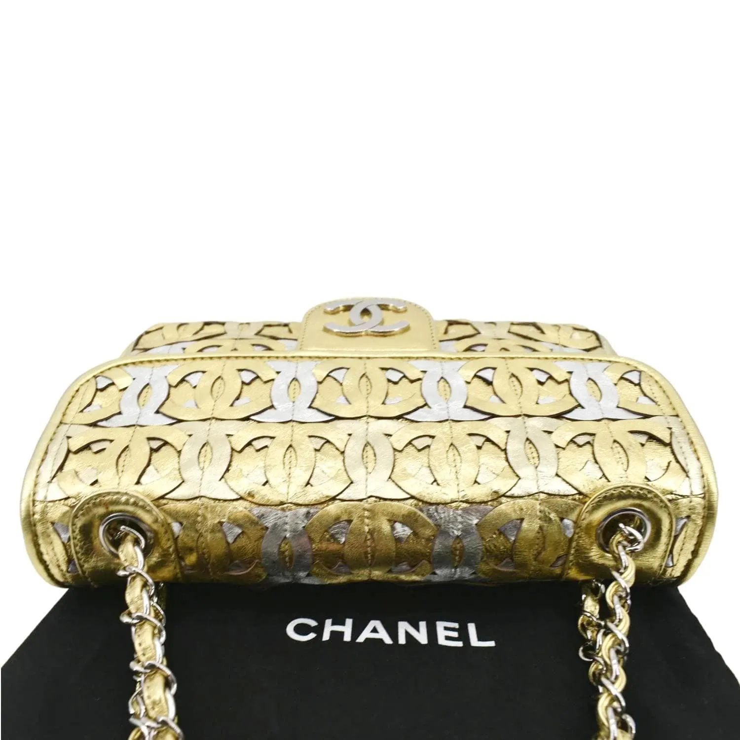 CHANEL Mix Medium Flap CC Crackled Calfskin Shoulder Bag Silver Gold