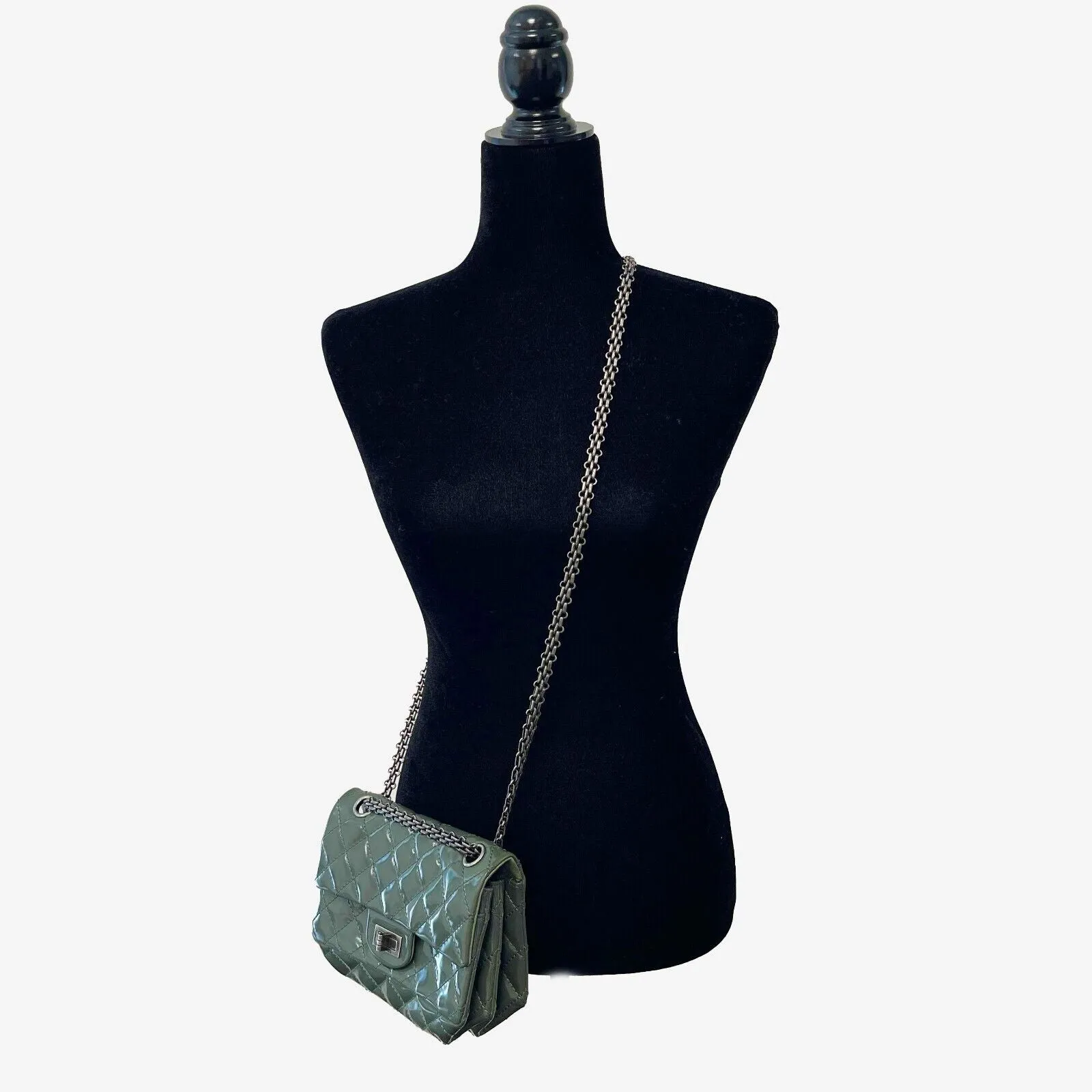CHANEL Patent Quilted Small Accordion Reissue 2.55 Flap - Olive Green Crossbody