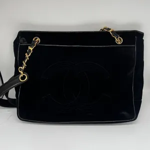 Chanel Preloved Velvet & Leather Chain Shoulder Bag in Black