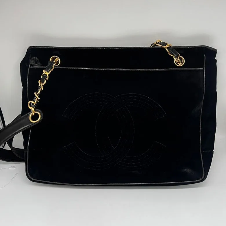 Chanel Preloved Velvet & Leather Chain Shoulder Bag in Black