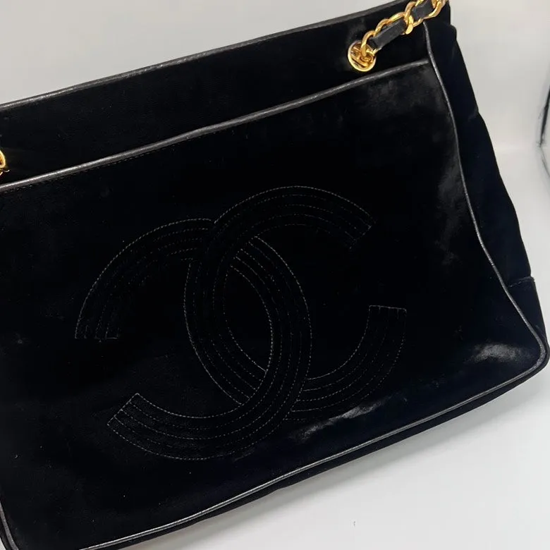 Chanel Preloved Velvet & Leather Chain Shoulder Bag in Black