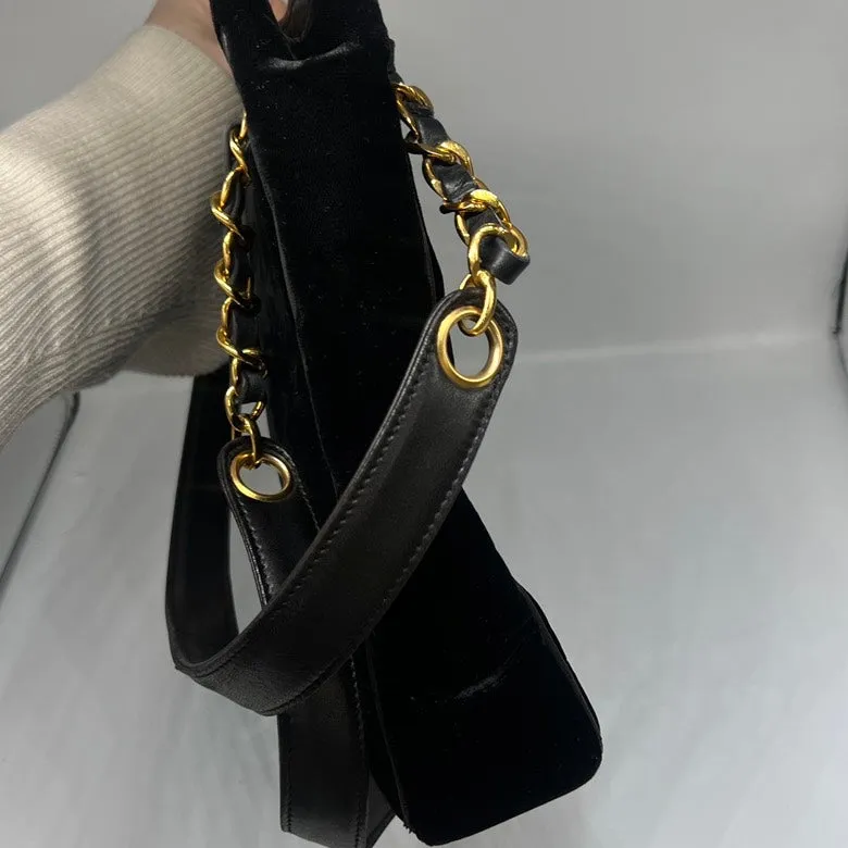 Chanel Preloved Velvet & Leather Chain Shoulder Bag in Black