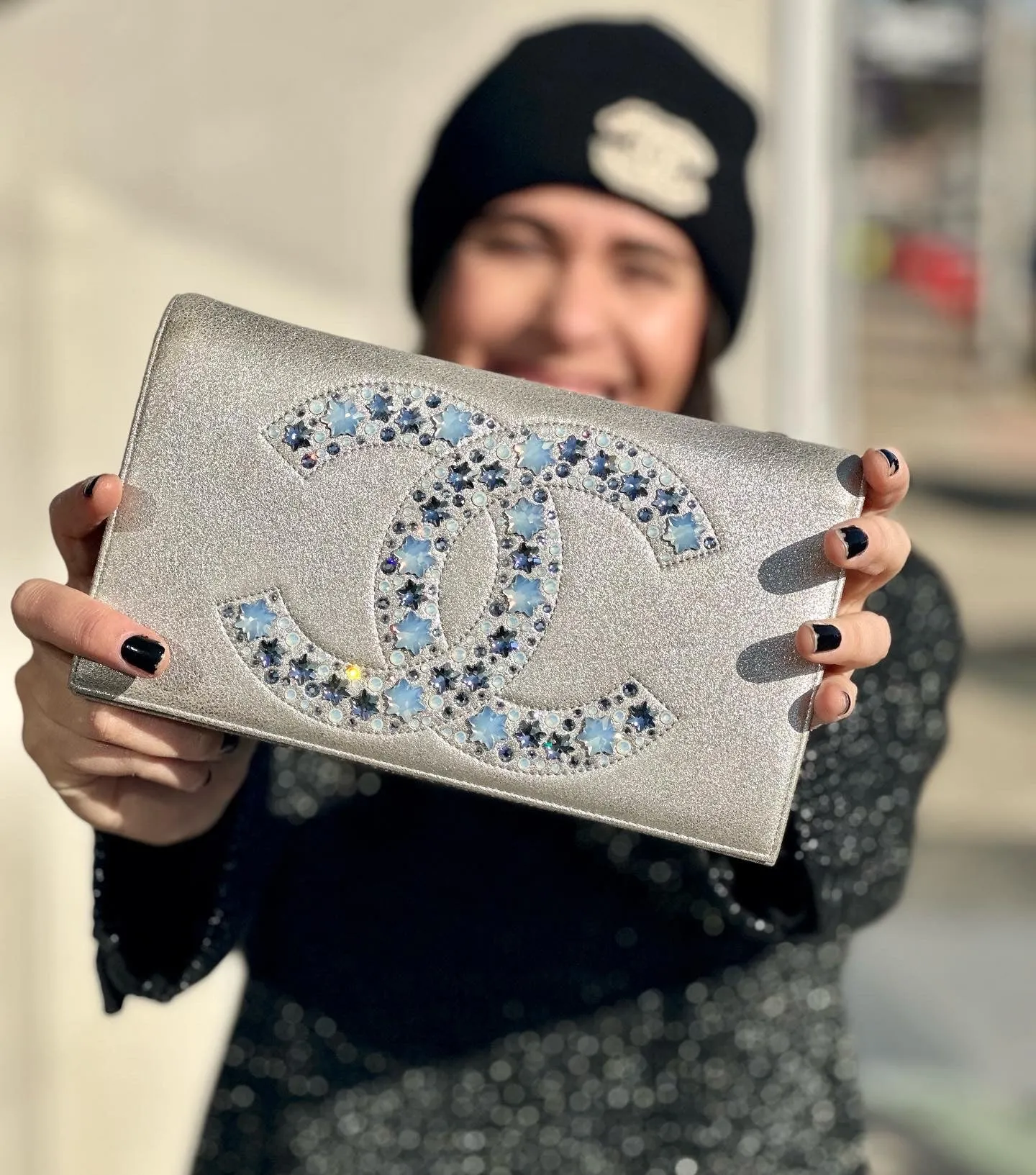 Chanel Silver Flap Leather Bag with Snowflake and Chrystal Bag