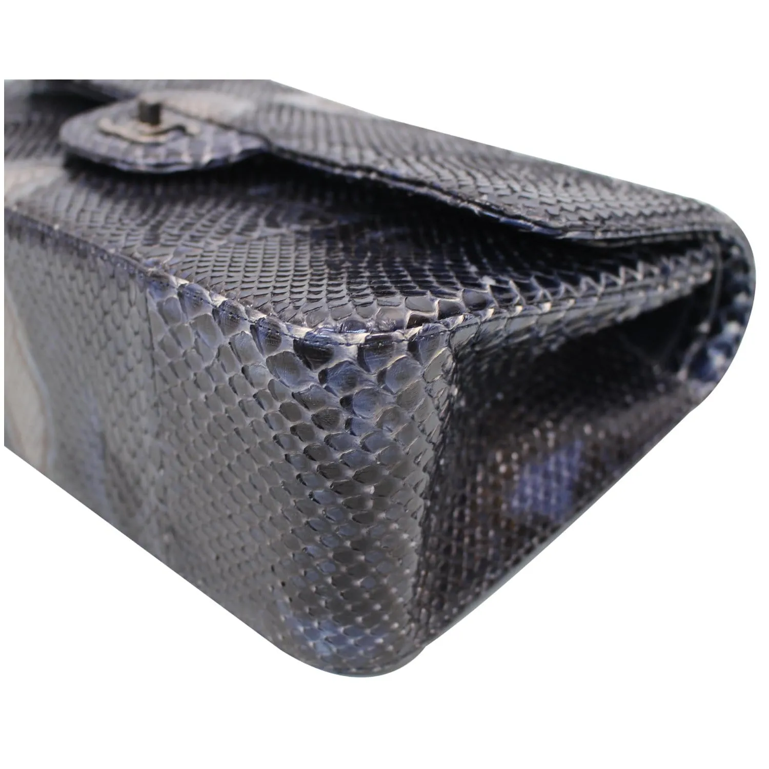 CHANEL Timeless Classic Double Flap Python Shoulder Bag Navy Blue