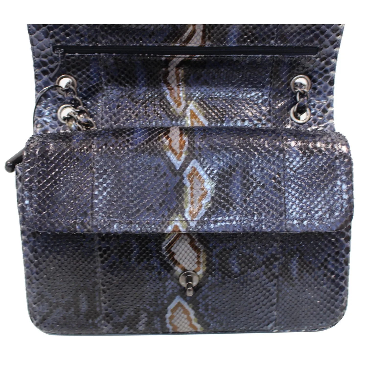 CHANEL Timeless Classic Double Flap Python Shoulder Bag Navy Blue