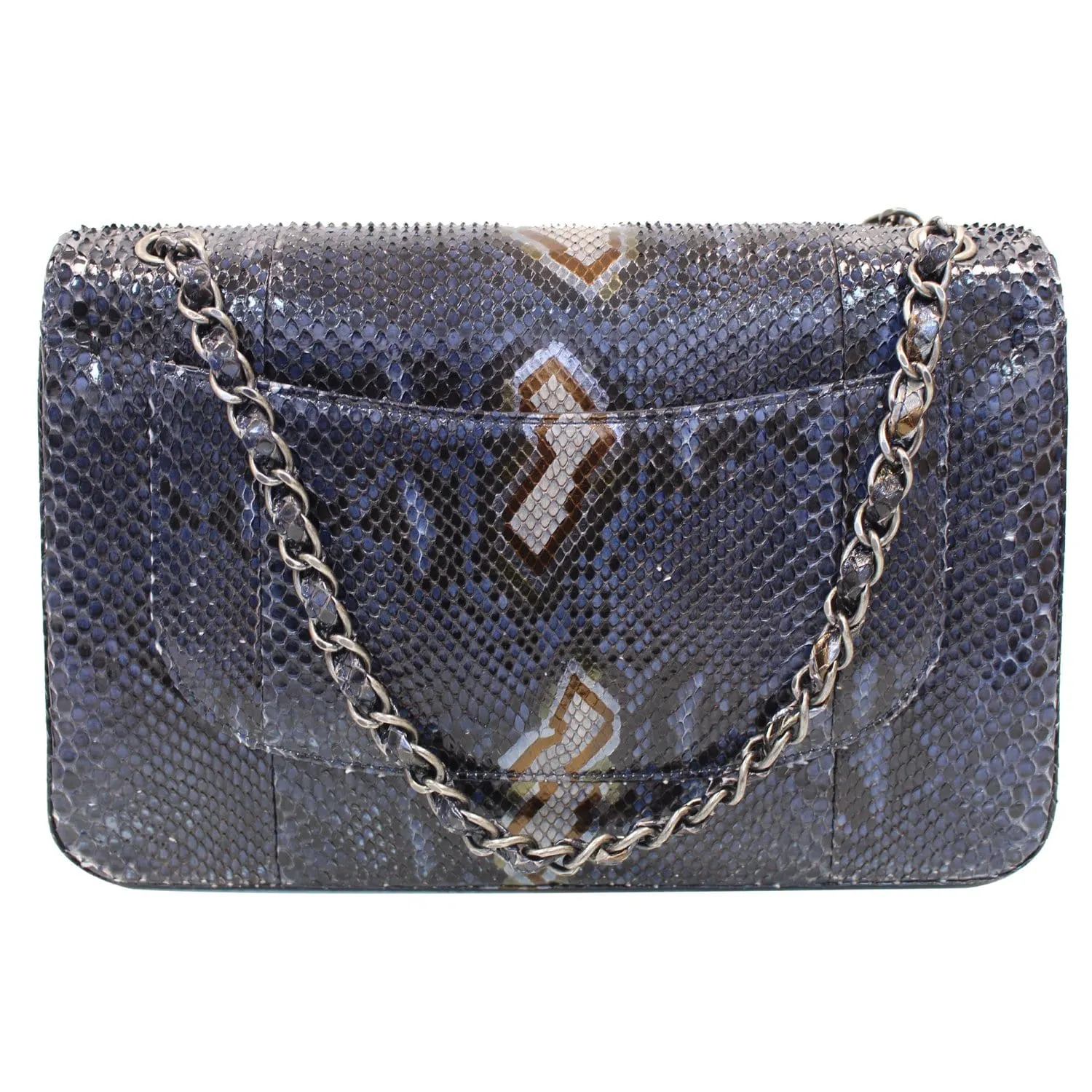 CHANEL Timeless Classic Double Flap Python Shoulder Bag Navy Blue