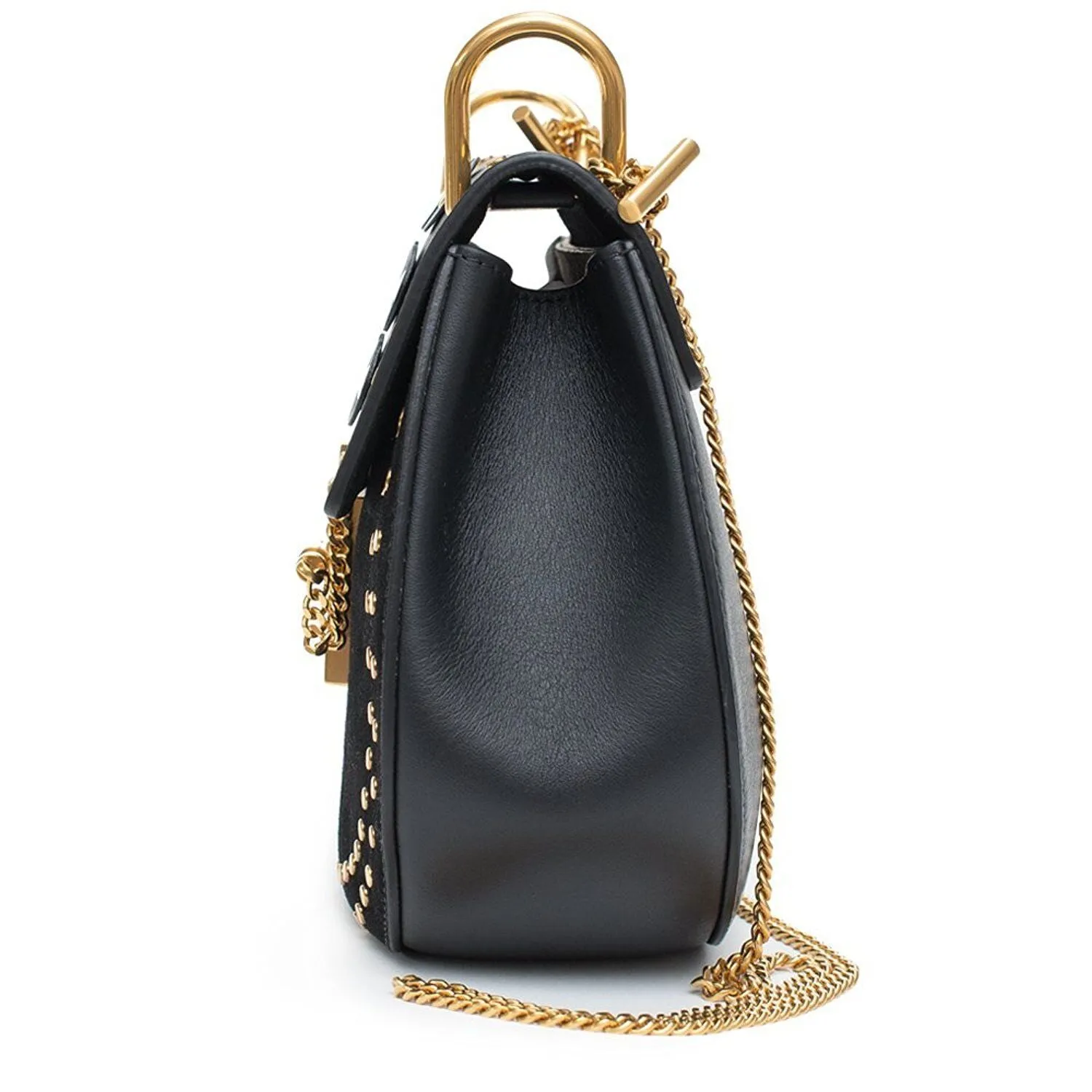 Chloe Grommet Drew Porte Epaule Black Shoulder Bag Gold Studded Velvet Handbag New