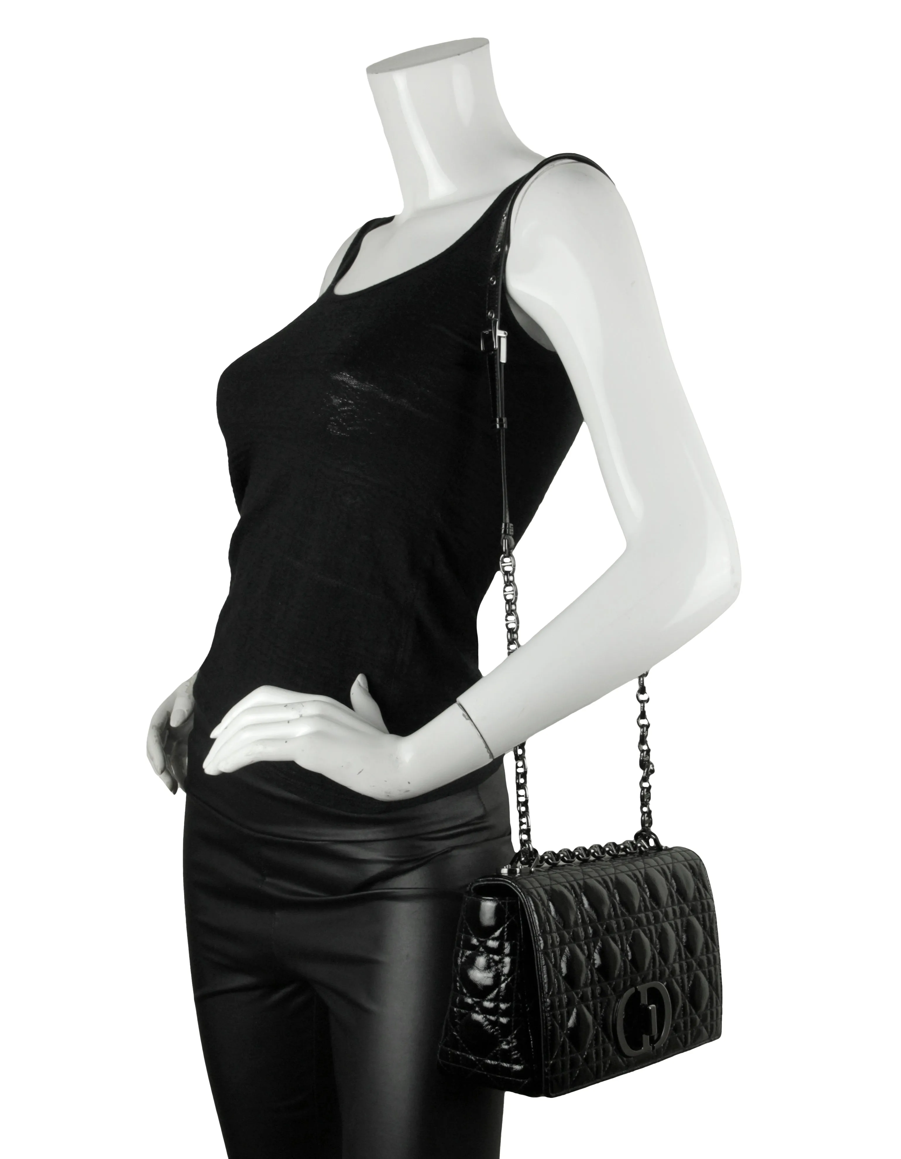 Christian Dior Black Patent Leather Cannage Medium Caro Bag
