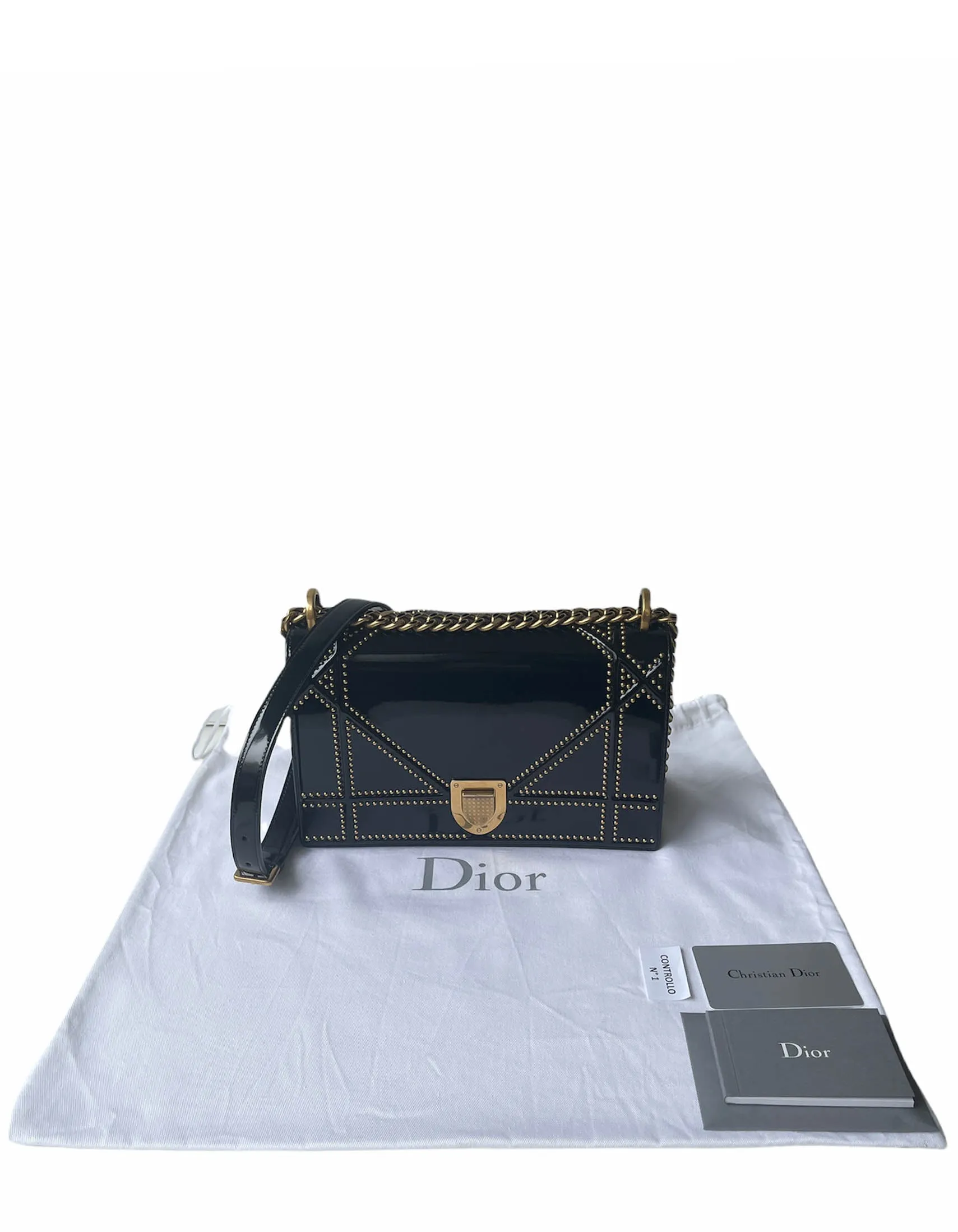 Christian Dior Black Patent Leather Studded Medium Diorama Flap Bag